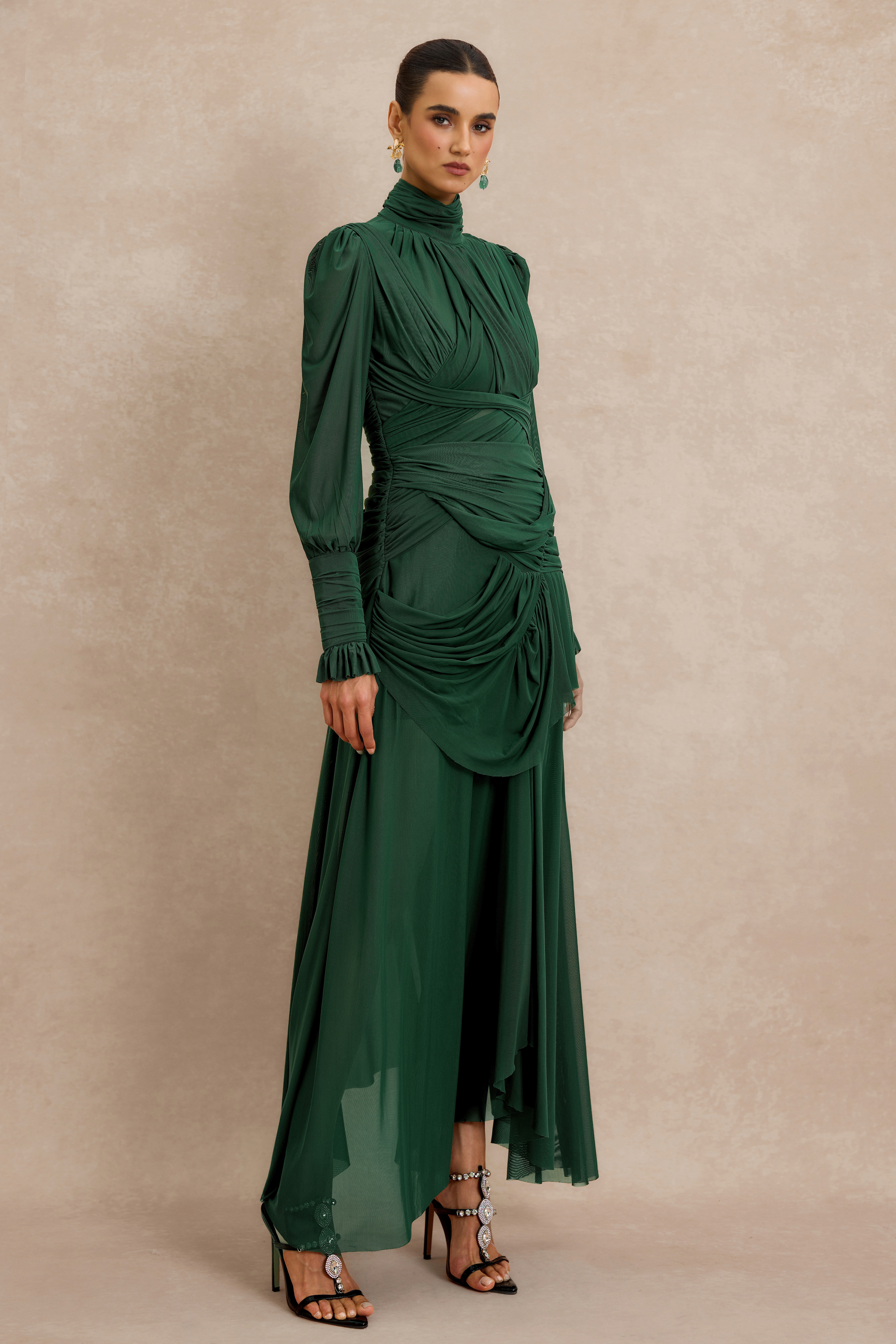 Stand Collar Gathering Midi Dress