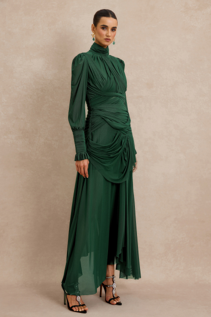 Stand Collar Gathering Midi Dress