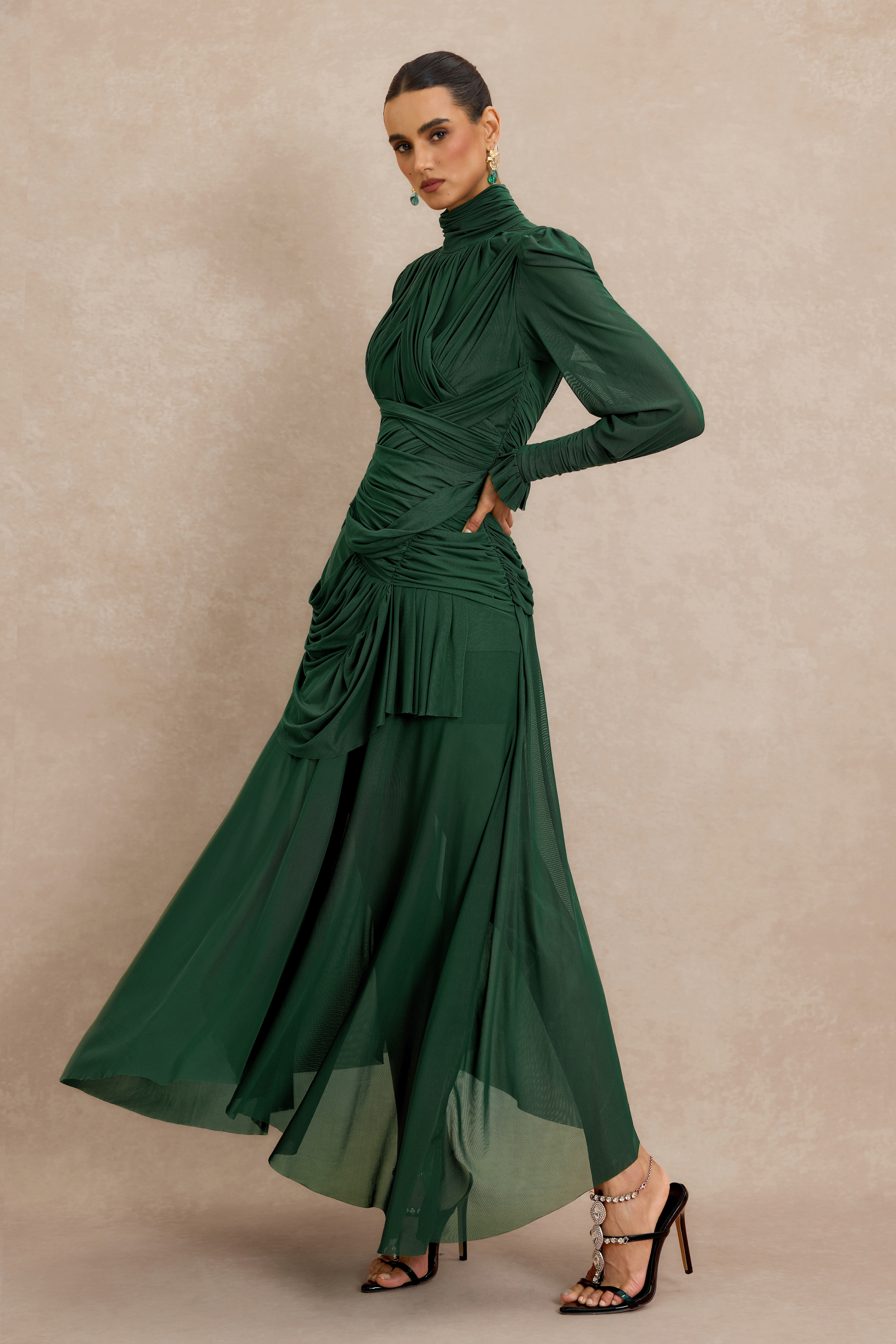 Stand Collar Gathering Midi Dress
