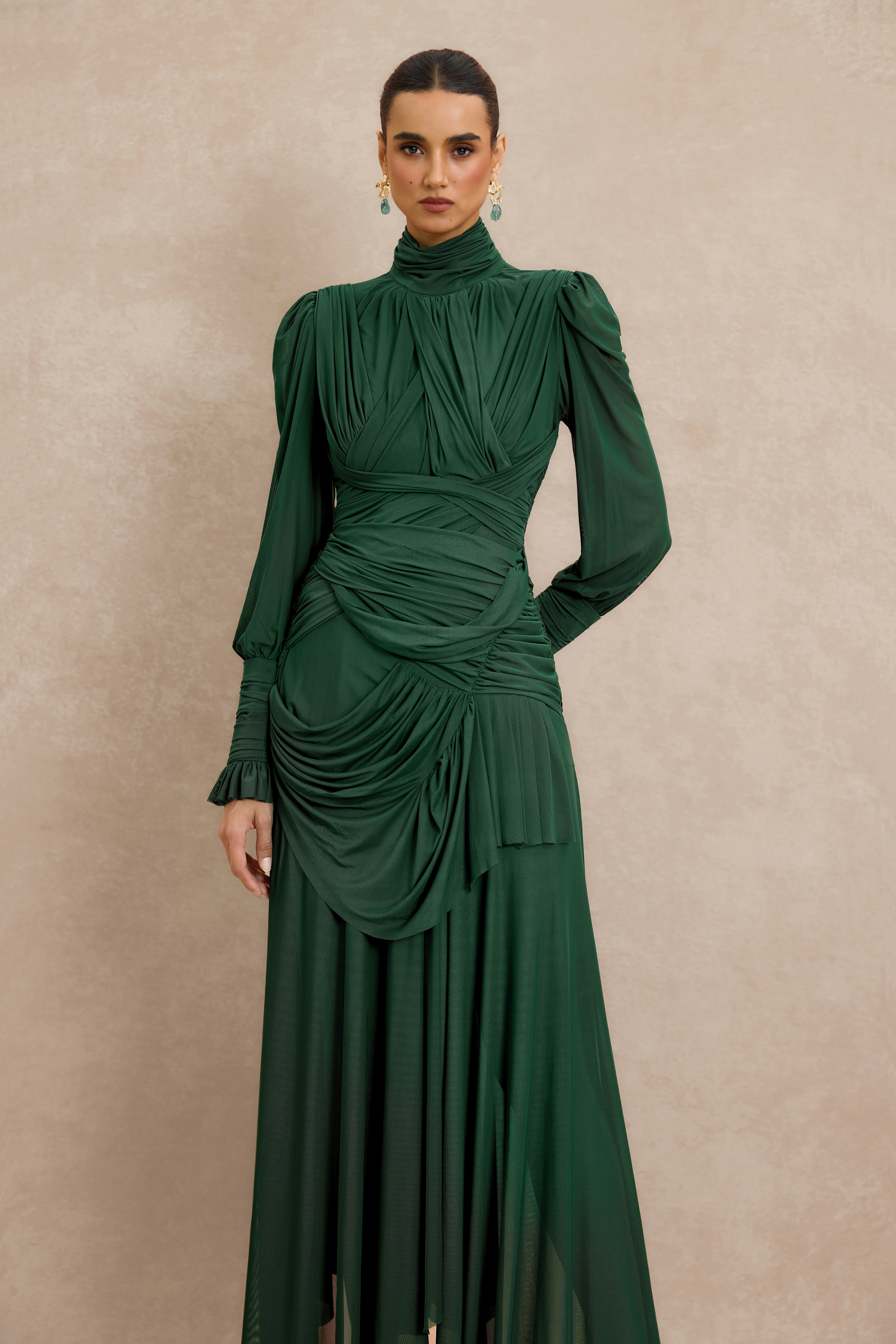 Stand Collar Gathering Midi Dress