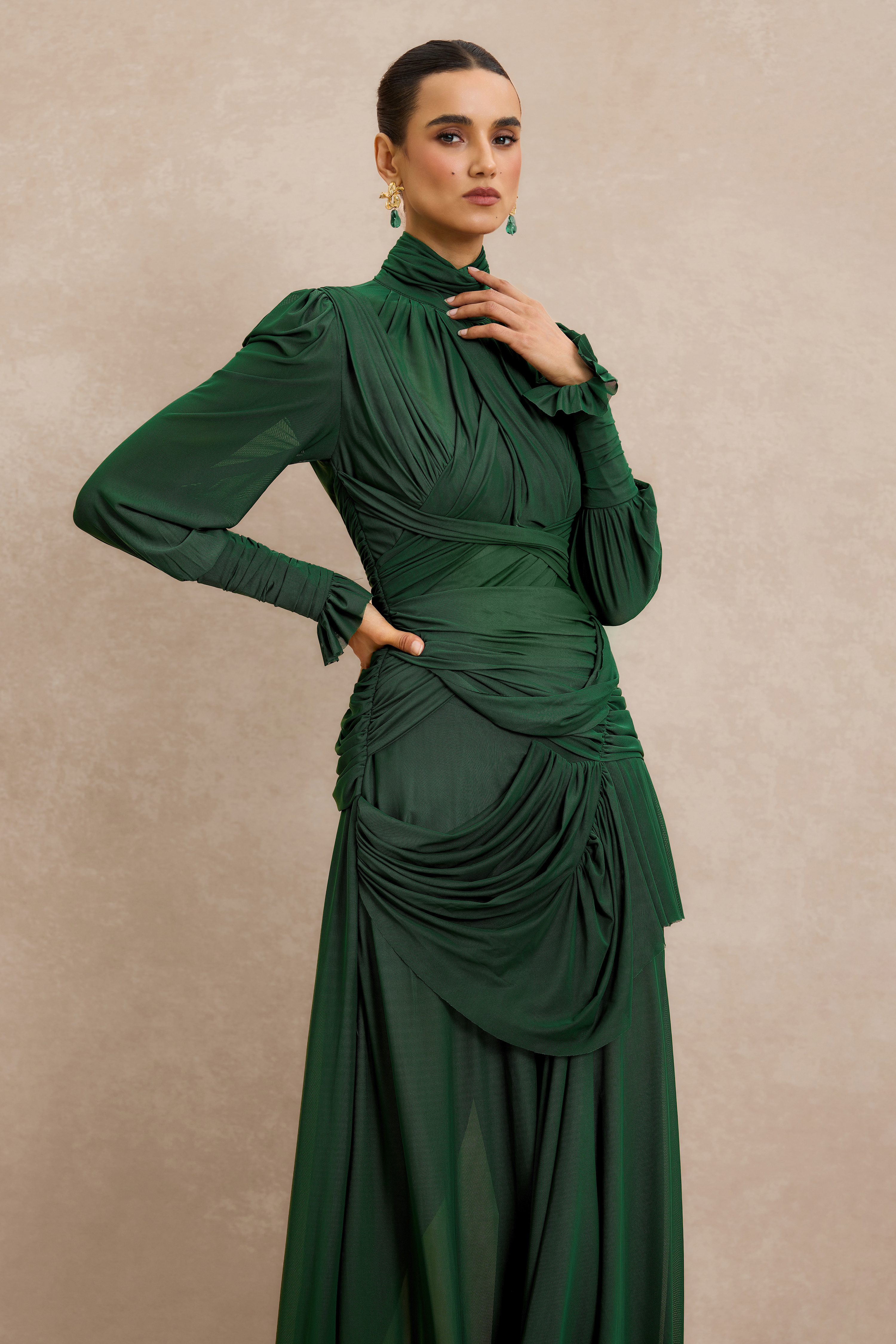 Stand Collar Gathering Midi Dress