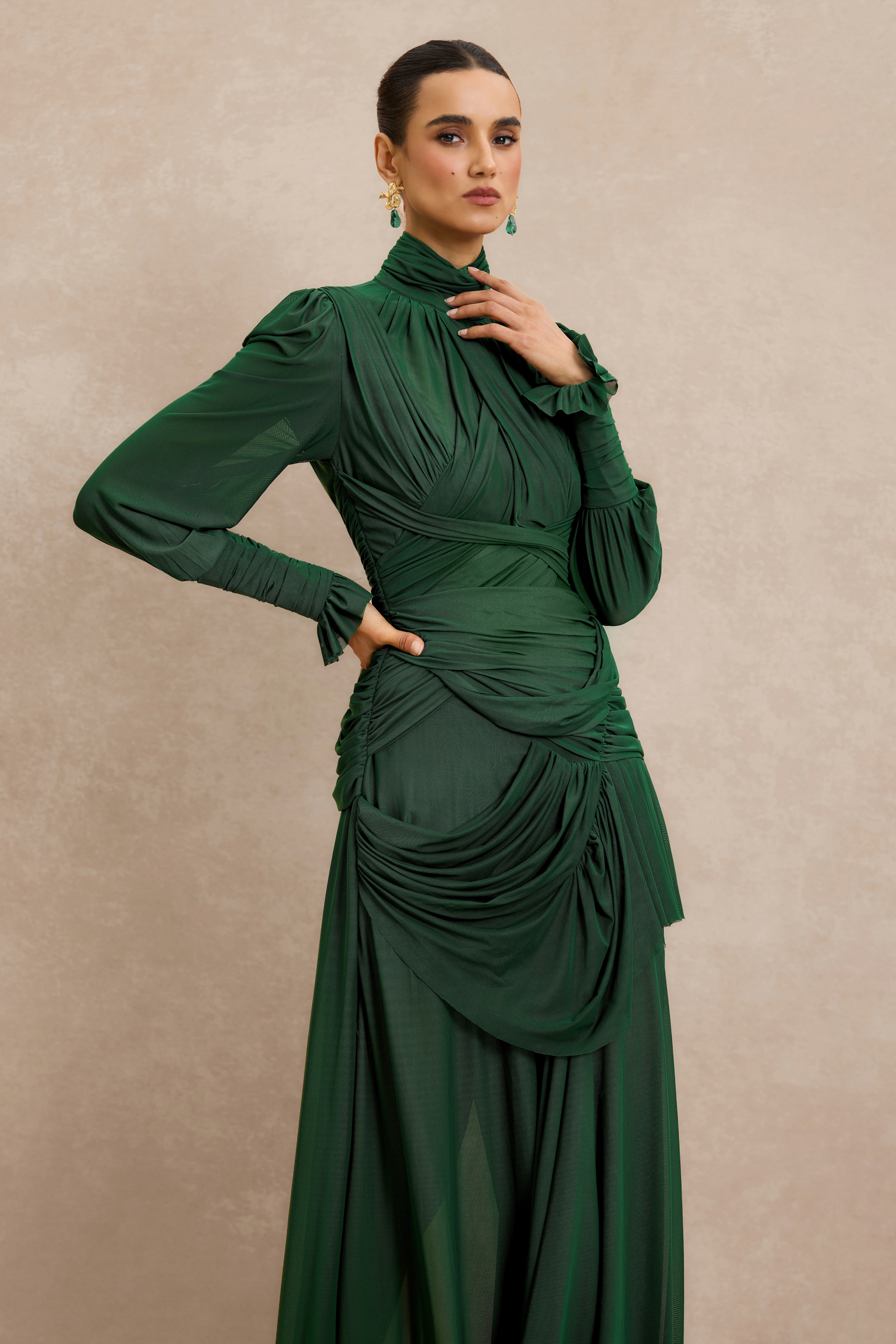 Stand Collar Gathering Midi Dress