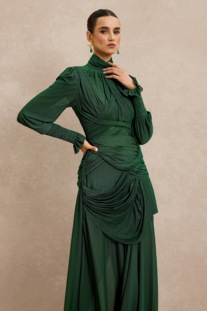 Stand Collar Gathering Midi Dress