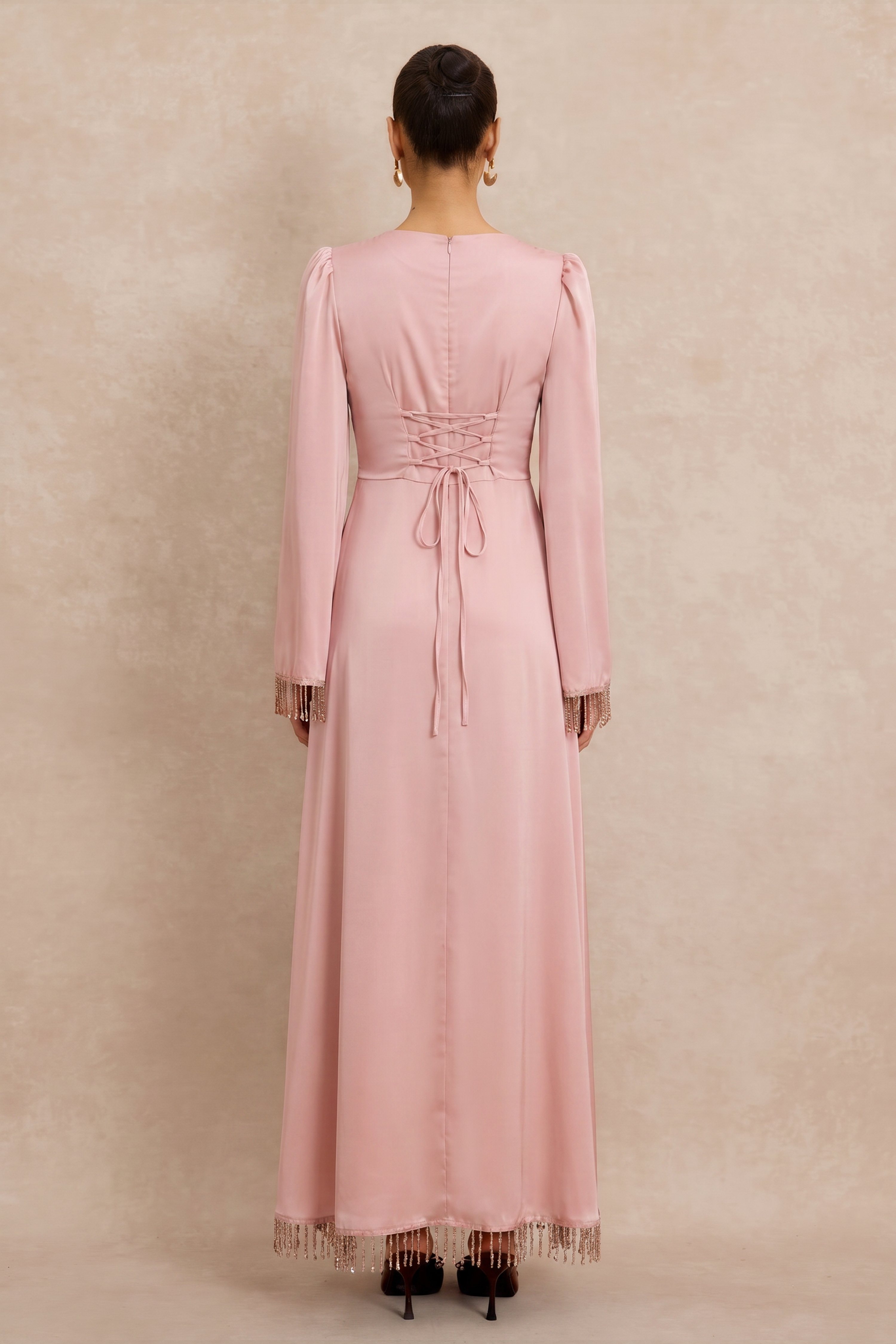 Satin Beaded Tassel Long Sleeve Maxi Dress