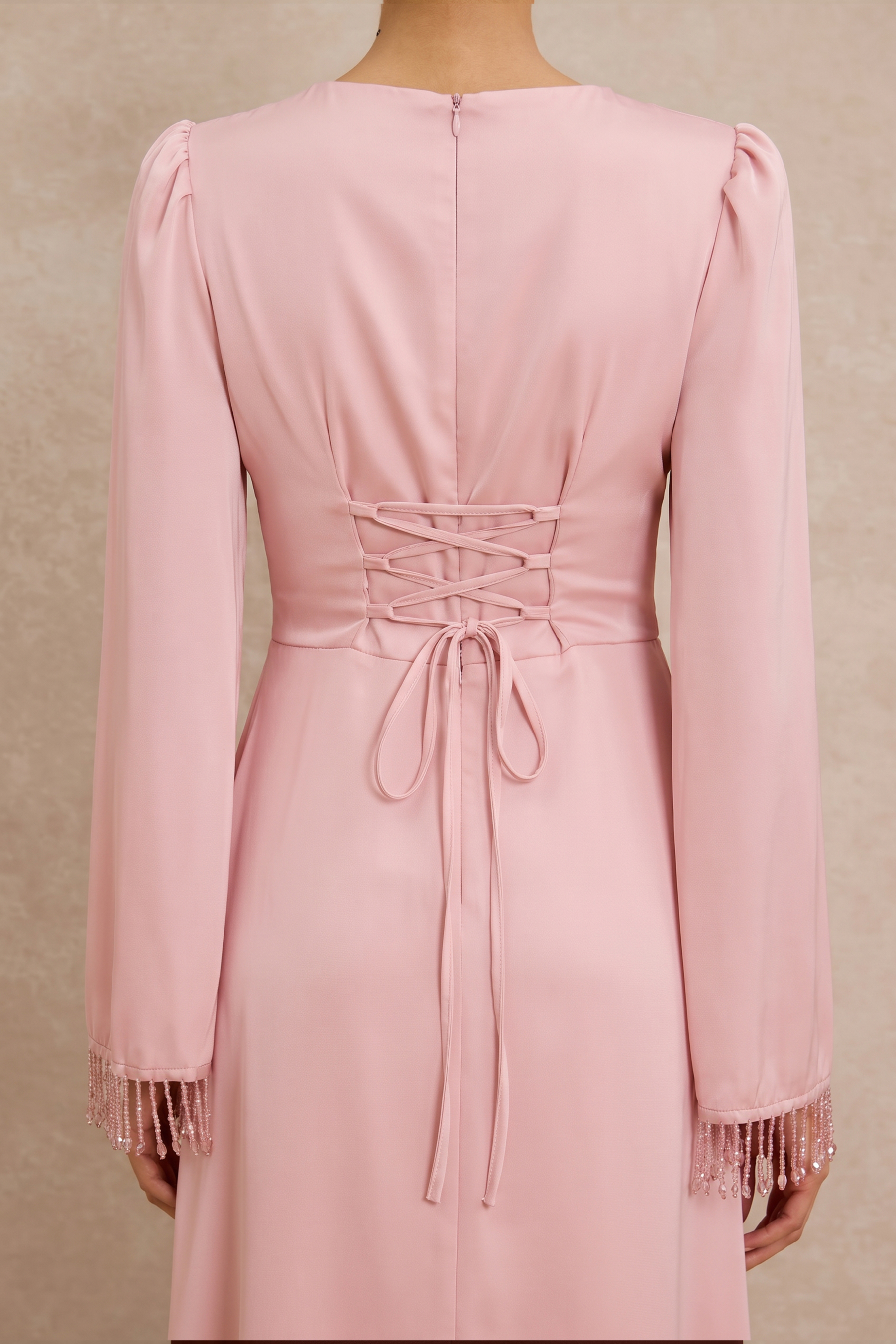 Satin Beaded Tassel Long Sleeve Maxi Dress