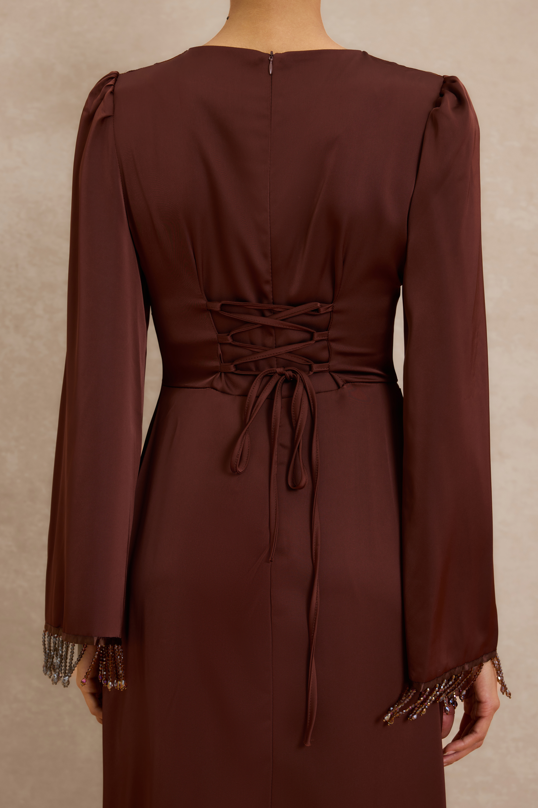 Satin Beaded Tassel Long Sleeve Maxi Dress