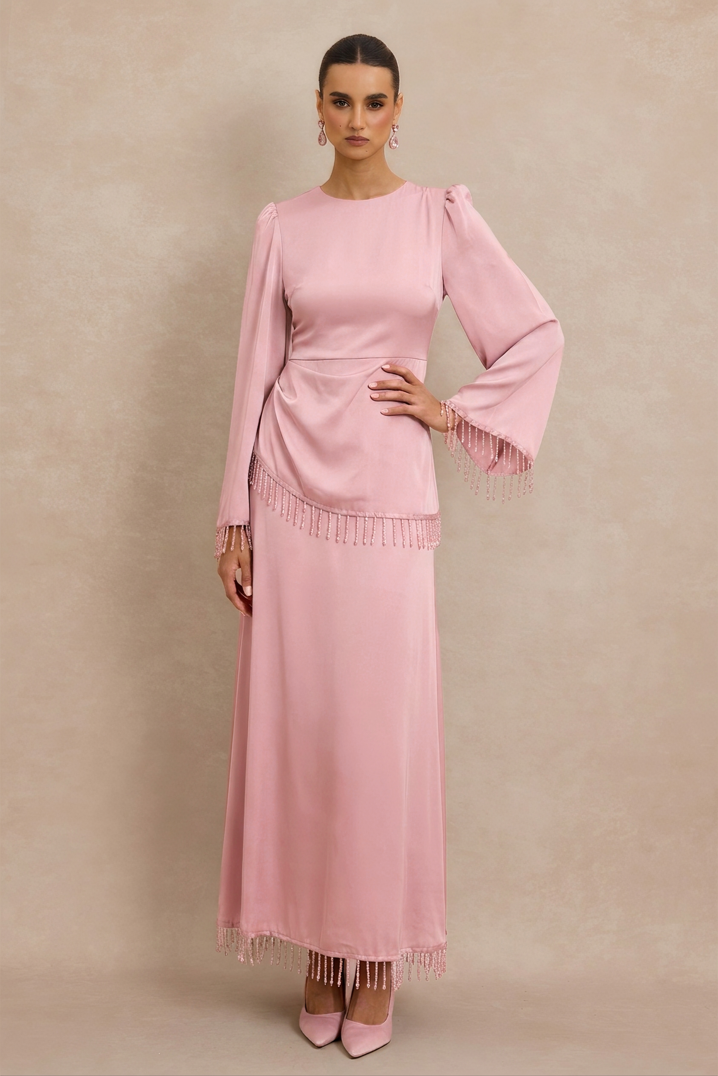 Satin Beaded Tassel Long Sleeve Maxi Dress