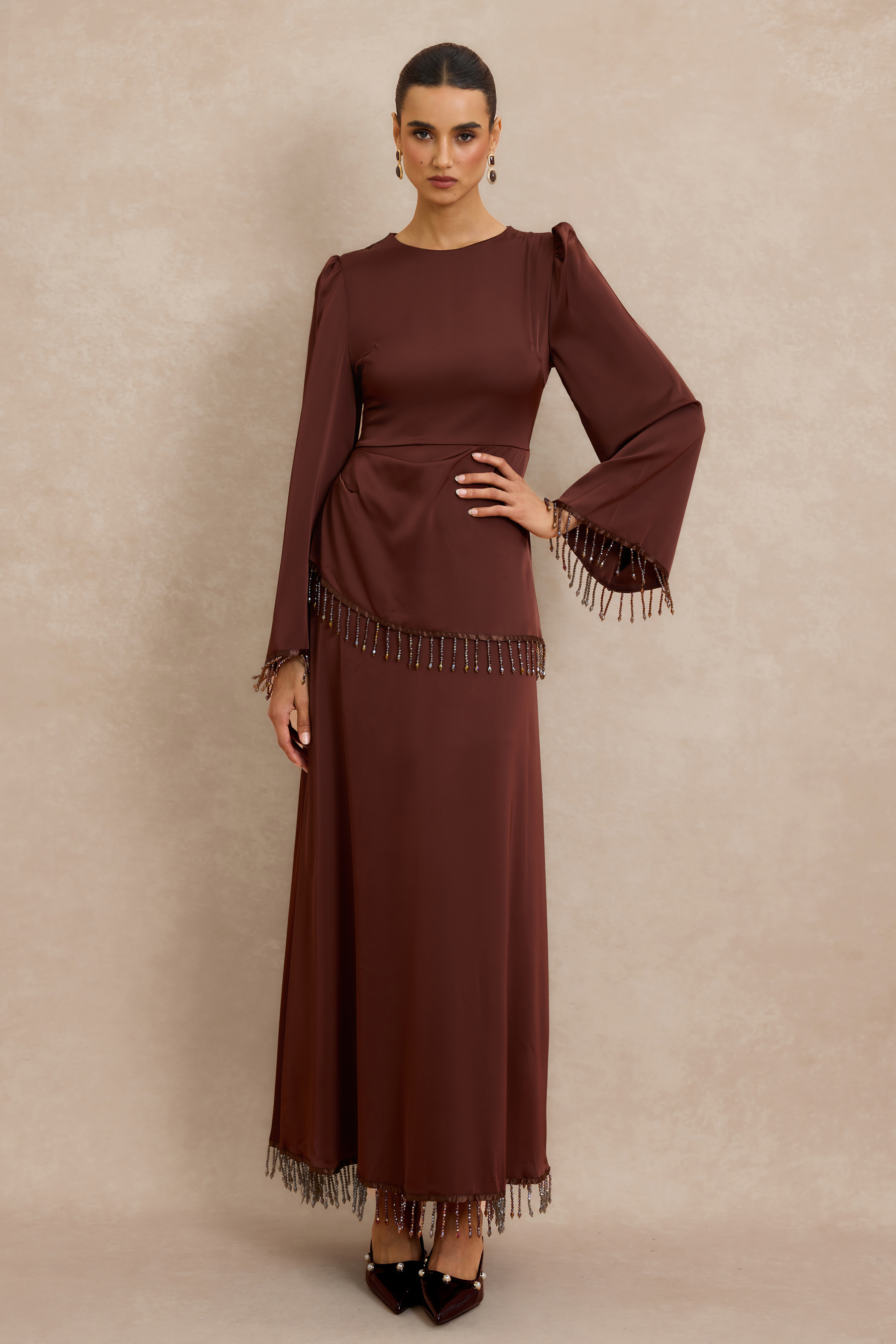 Satin Beaded Tassel Long Sleeve Maxi Dress