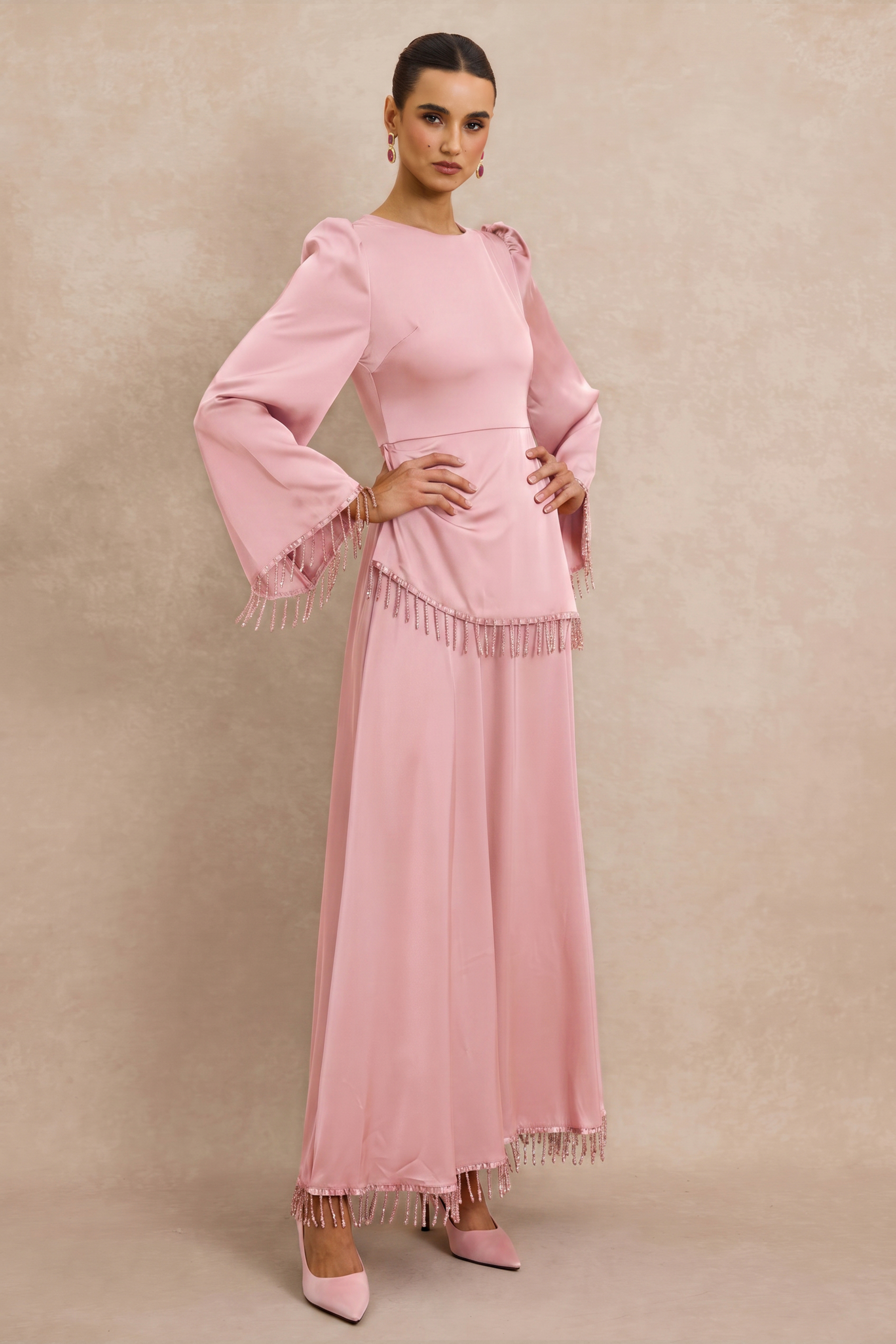 Satin Beaded Tassel Long Sleeve Maxi Dress