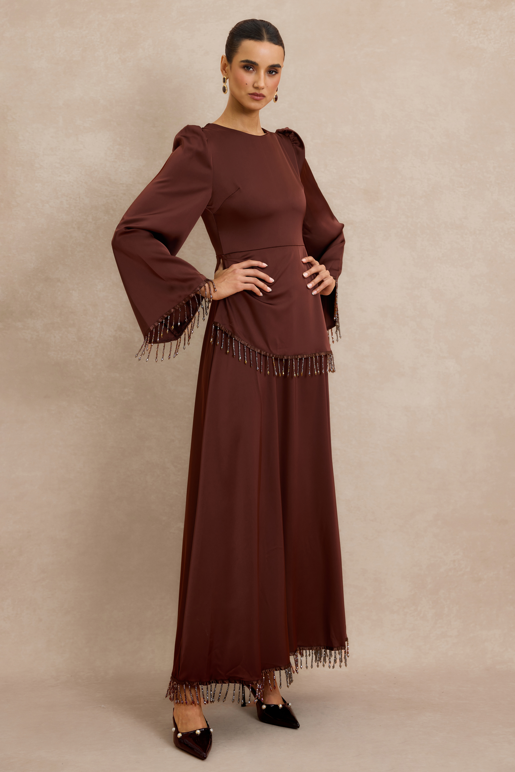 Satin Beaded Tassel Long Sleeve Maxi Dress