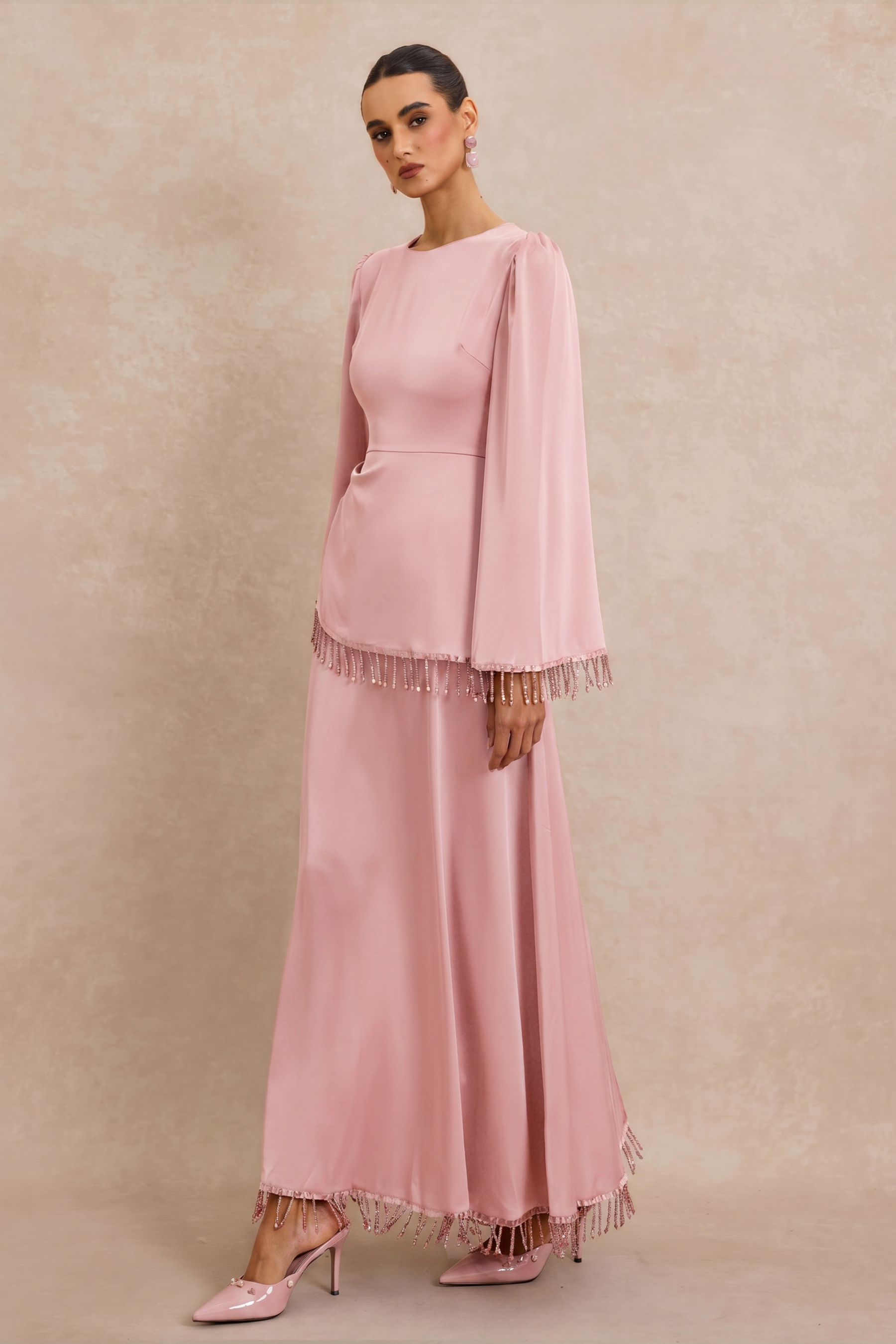 Satin Beaded Tassel Long Sleeve Maxi Dress