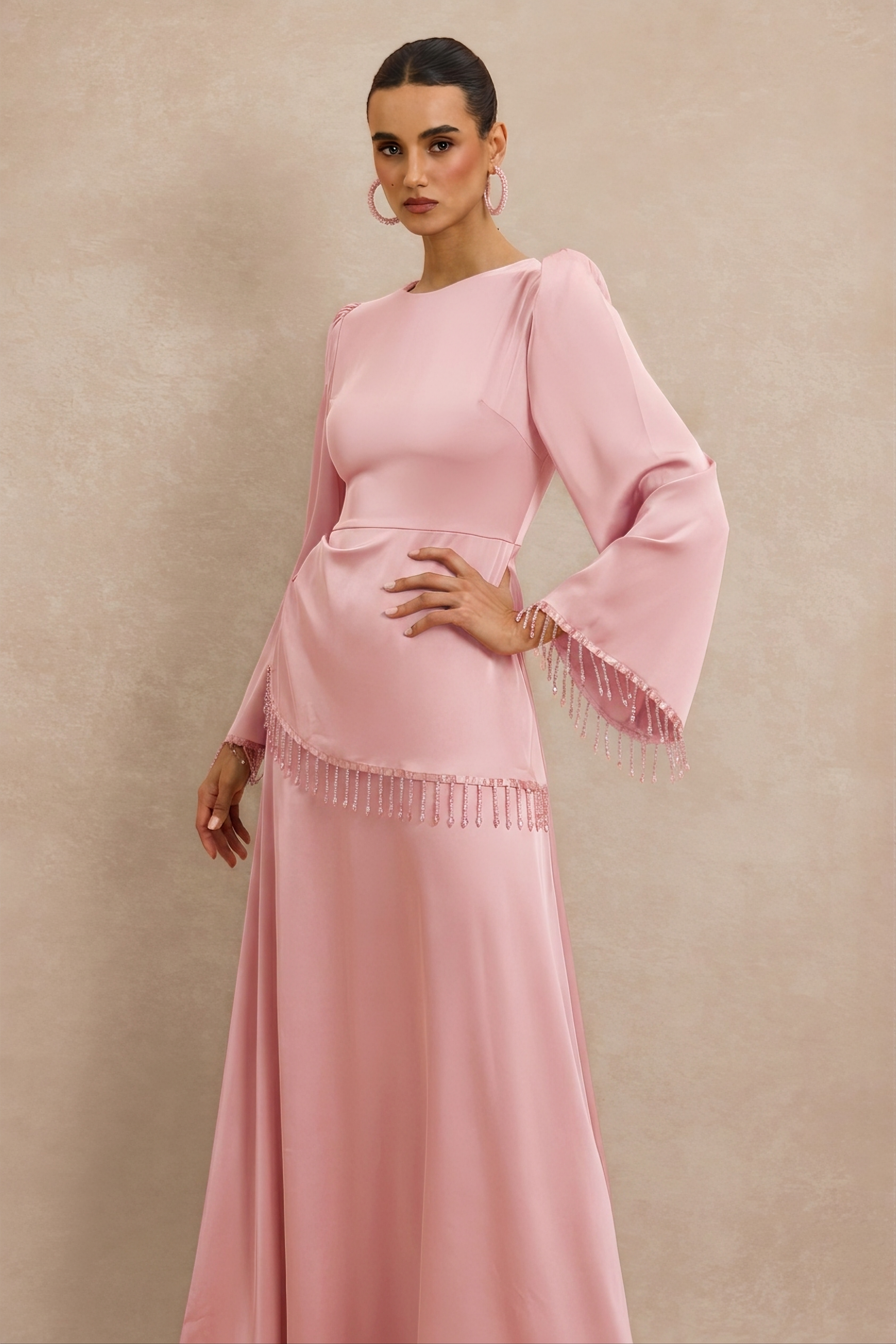 Satin Beaded Tassel Long Sleeve Maxi Dress
