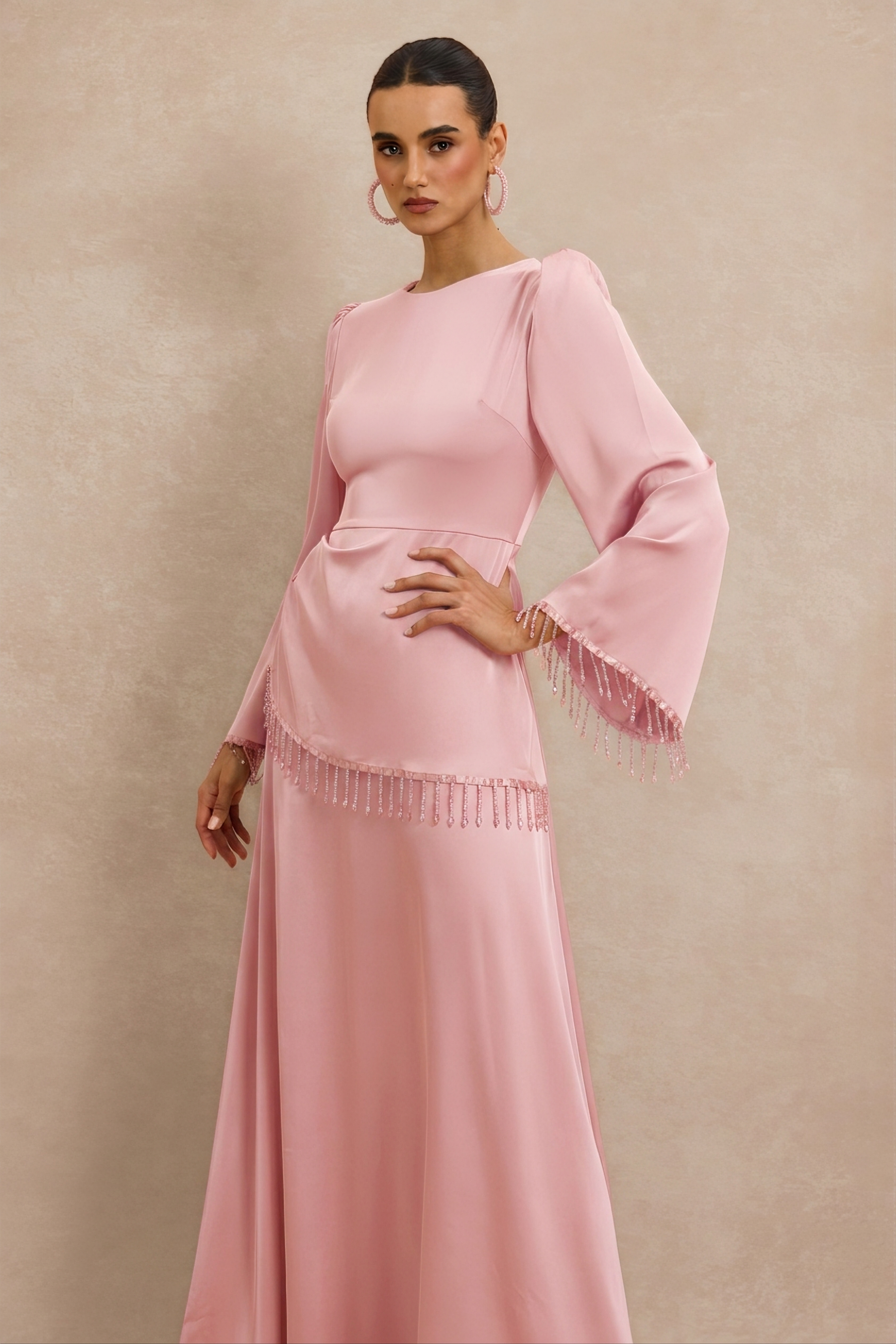 Satin Beaded Tassel Long Sleeve Maxi Dress