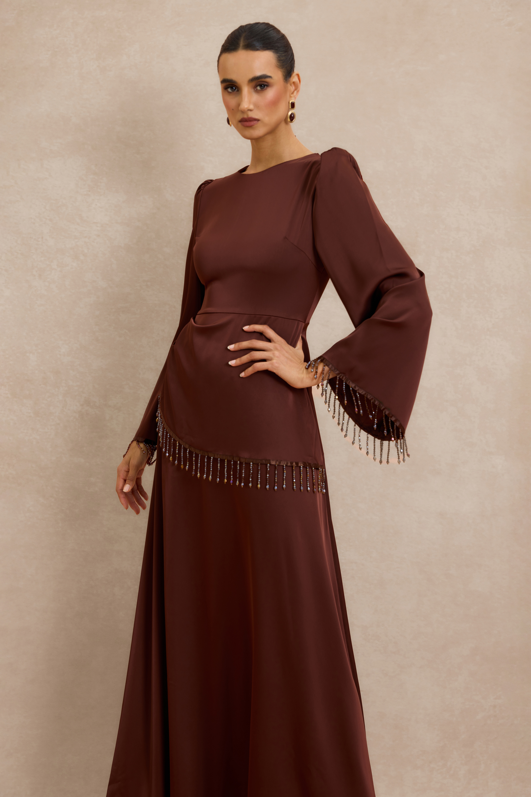 Satin Beaded Tassel Long Sleeve Maxi Dress