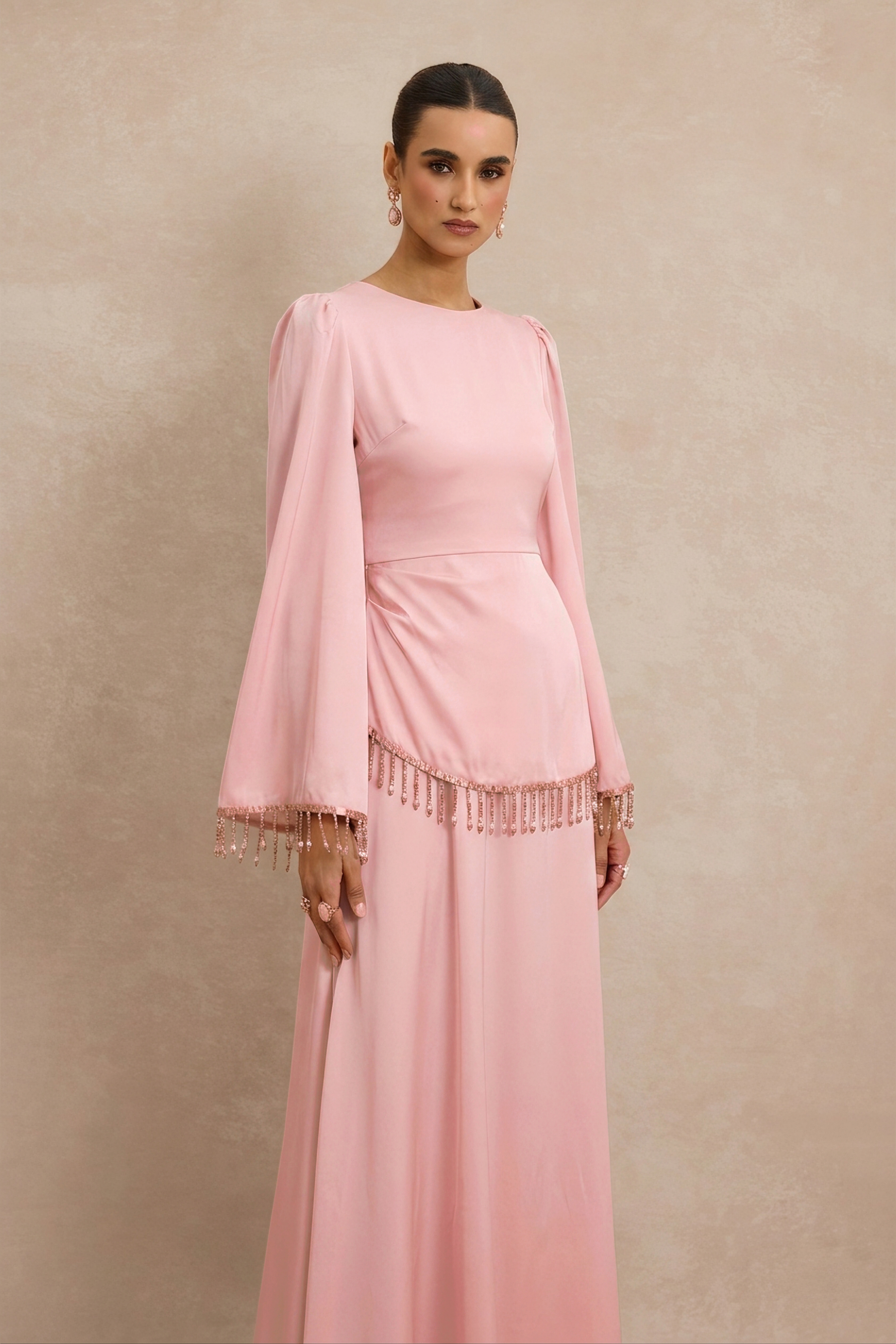 Satin Beaded Tassel Long Sleeve Maxi Dress
