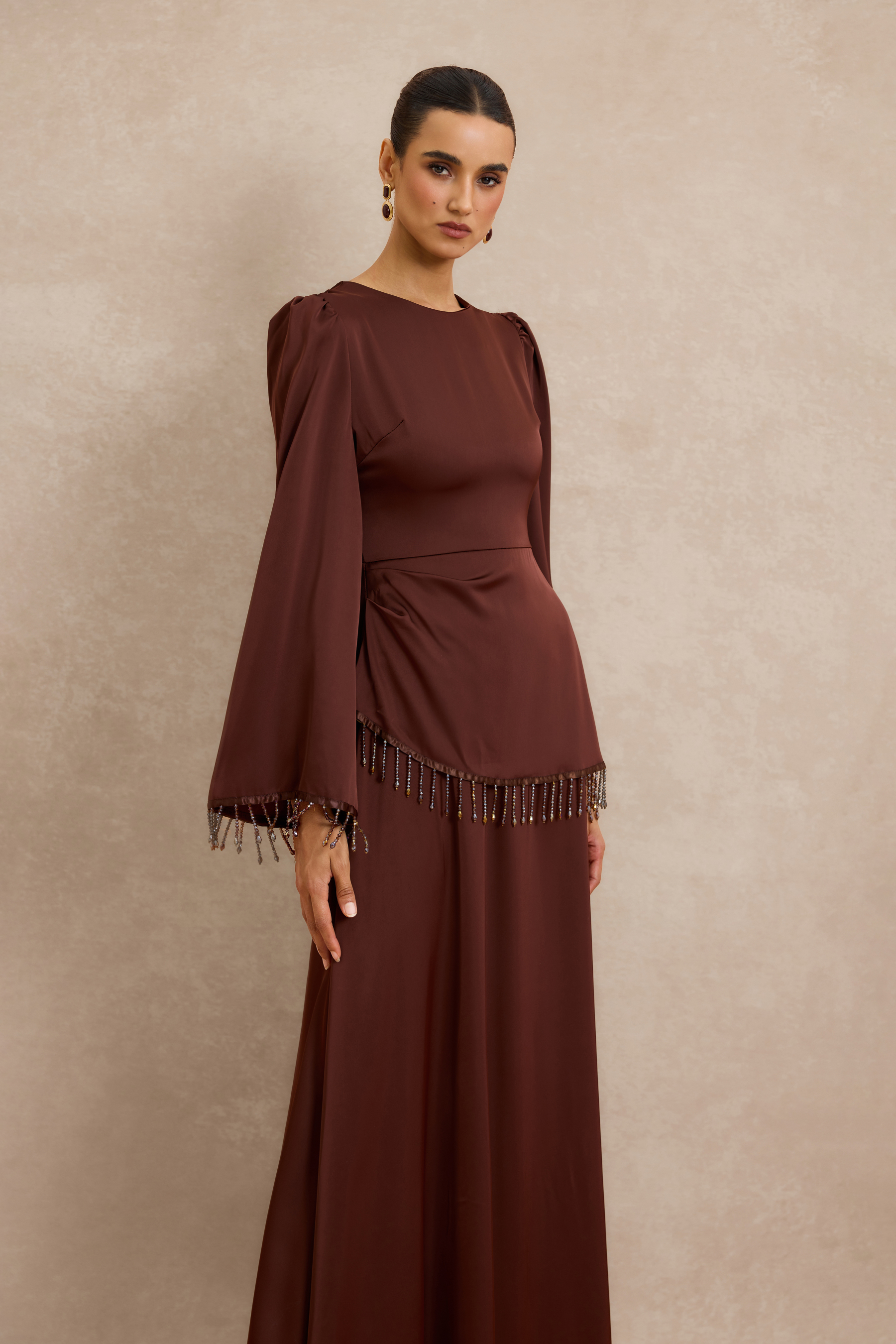 Satin Beaded Tassel Long Sleeve Maxi Dress
