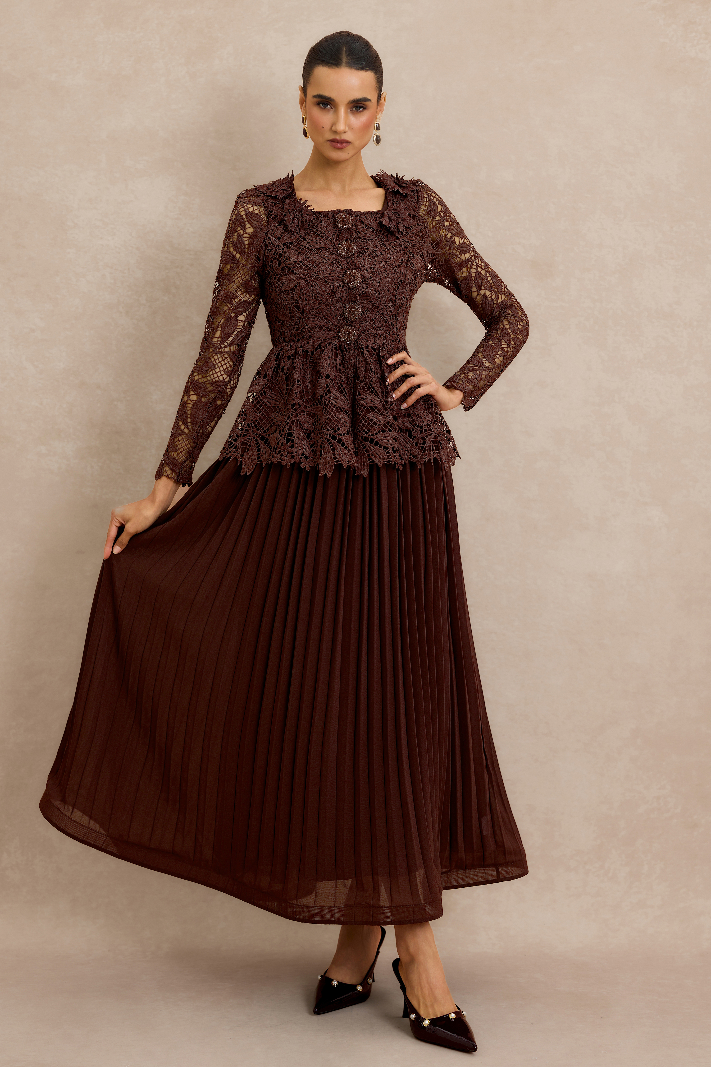 Lace Top & Pleat Midi Dress Set