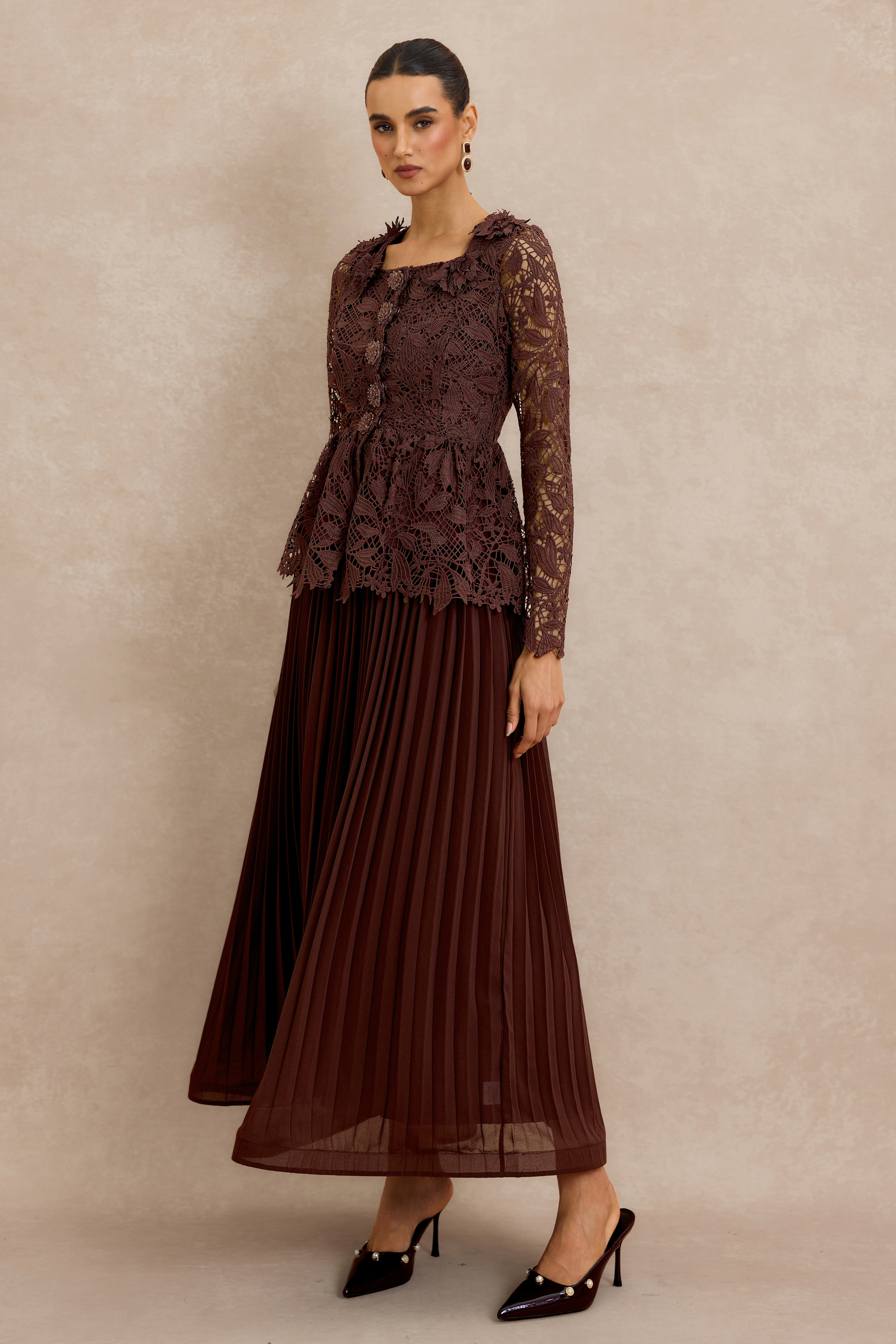 Lace Top & Pleat Midi Dress Set