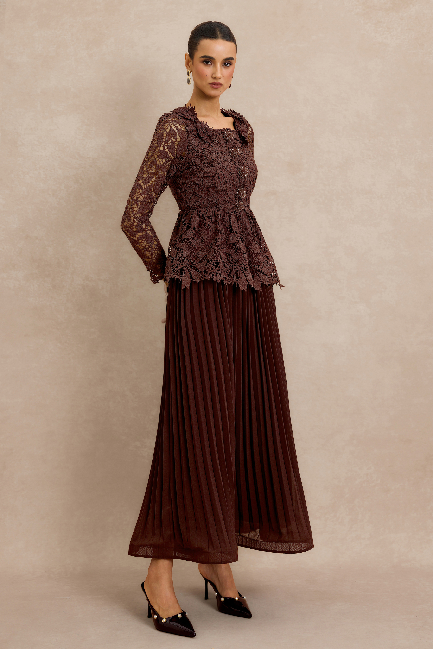 Lace Top & Pleat Midi Dress Set