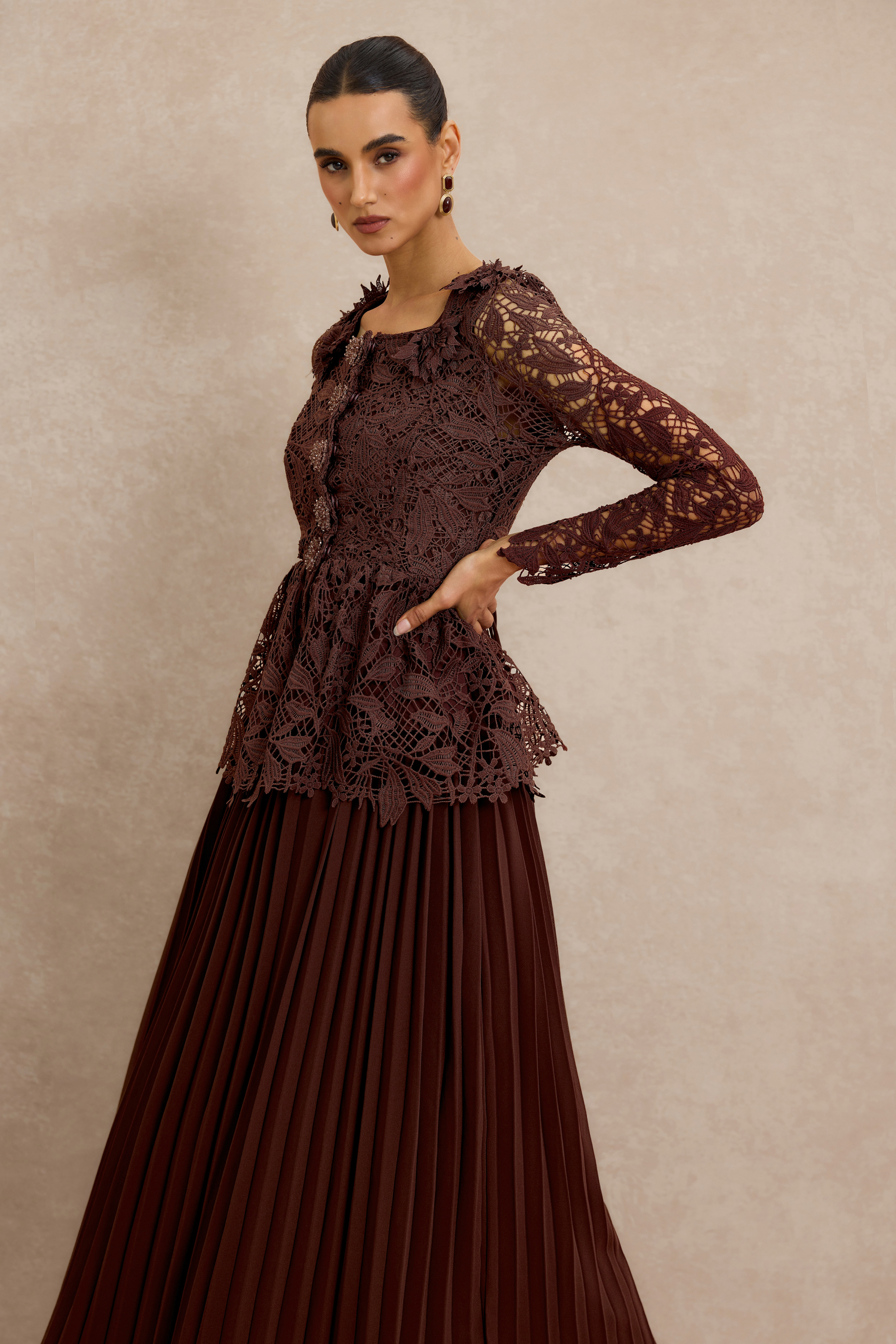 Lace Top & Pleat Midi Dress Set