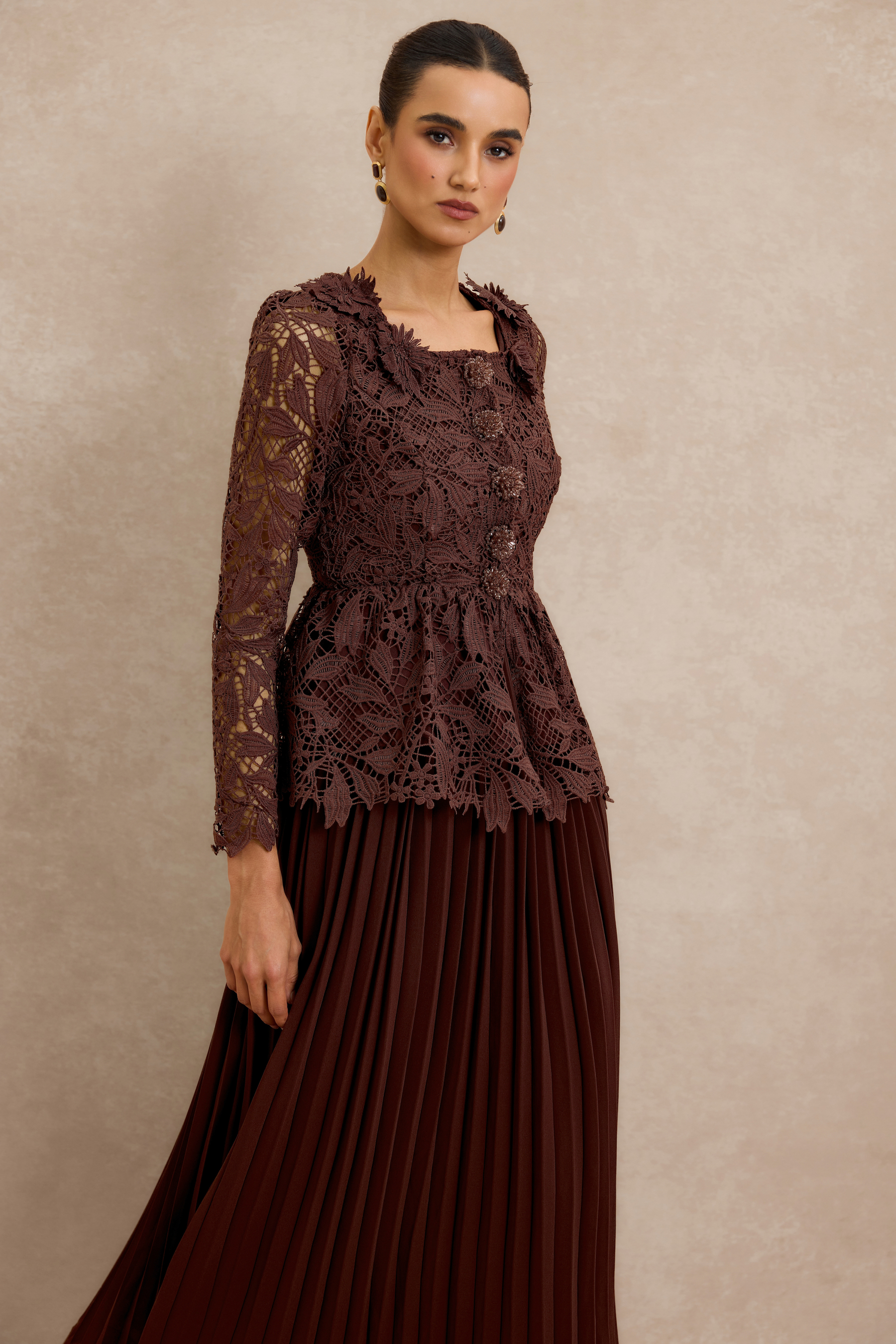 Lace Top & Pleat Midi Dress Set