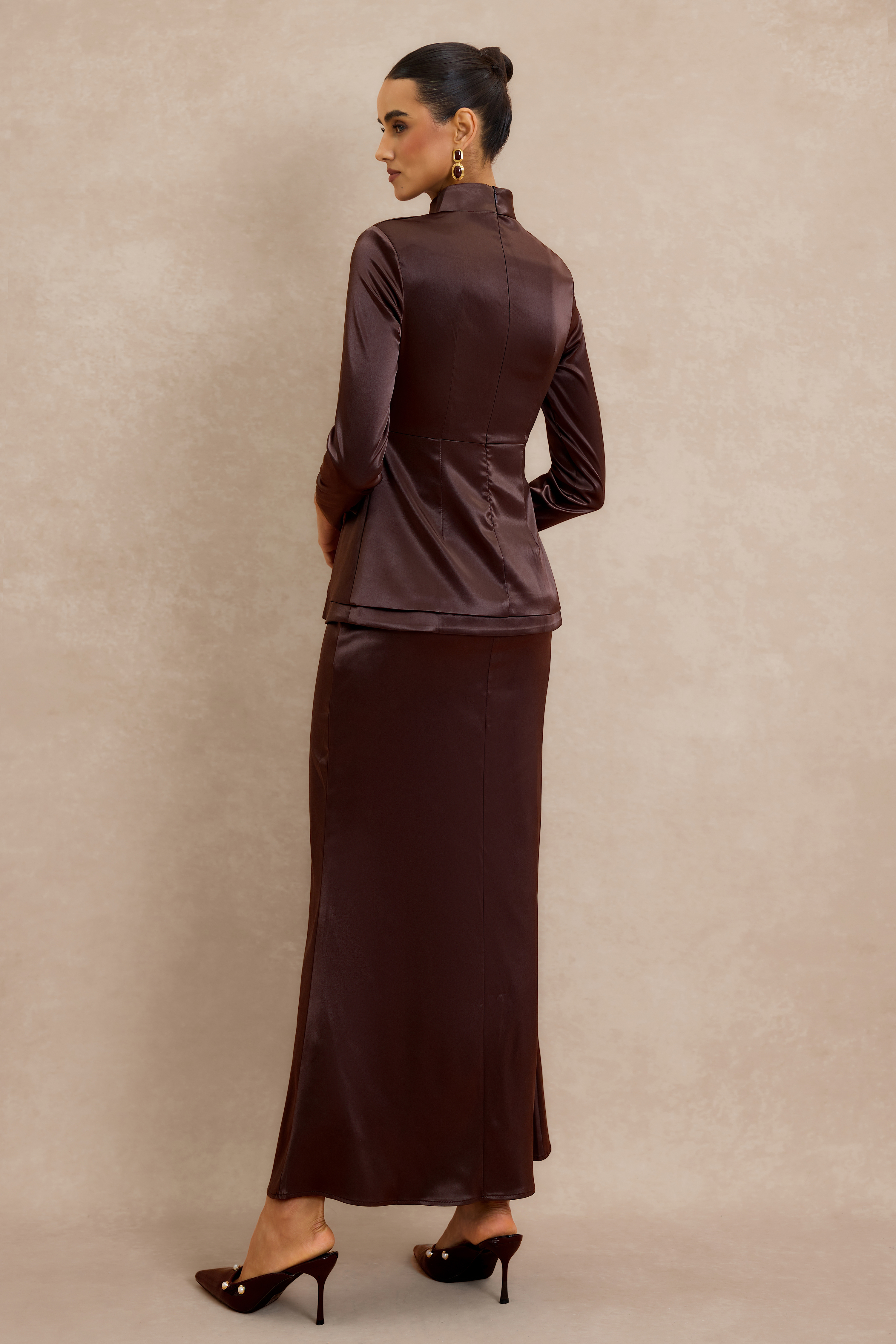 Satin Button Long Sleeve Top & High Waist Midi Skirt Set