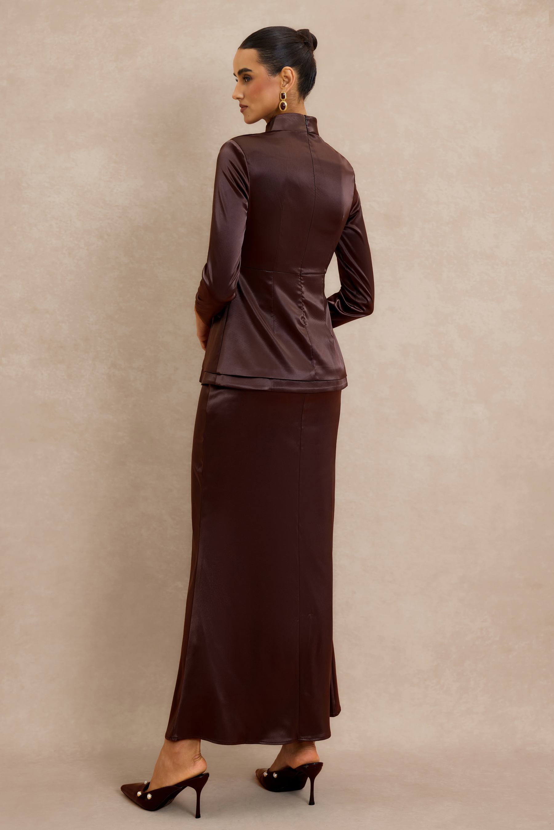 Satin Button Long Sleeve Top & High Waist Midi Skirt Set