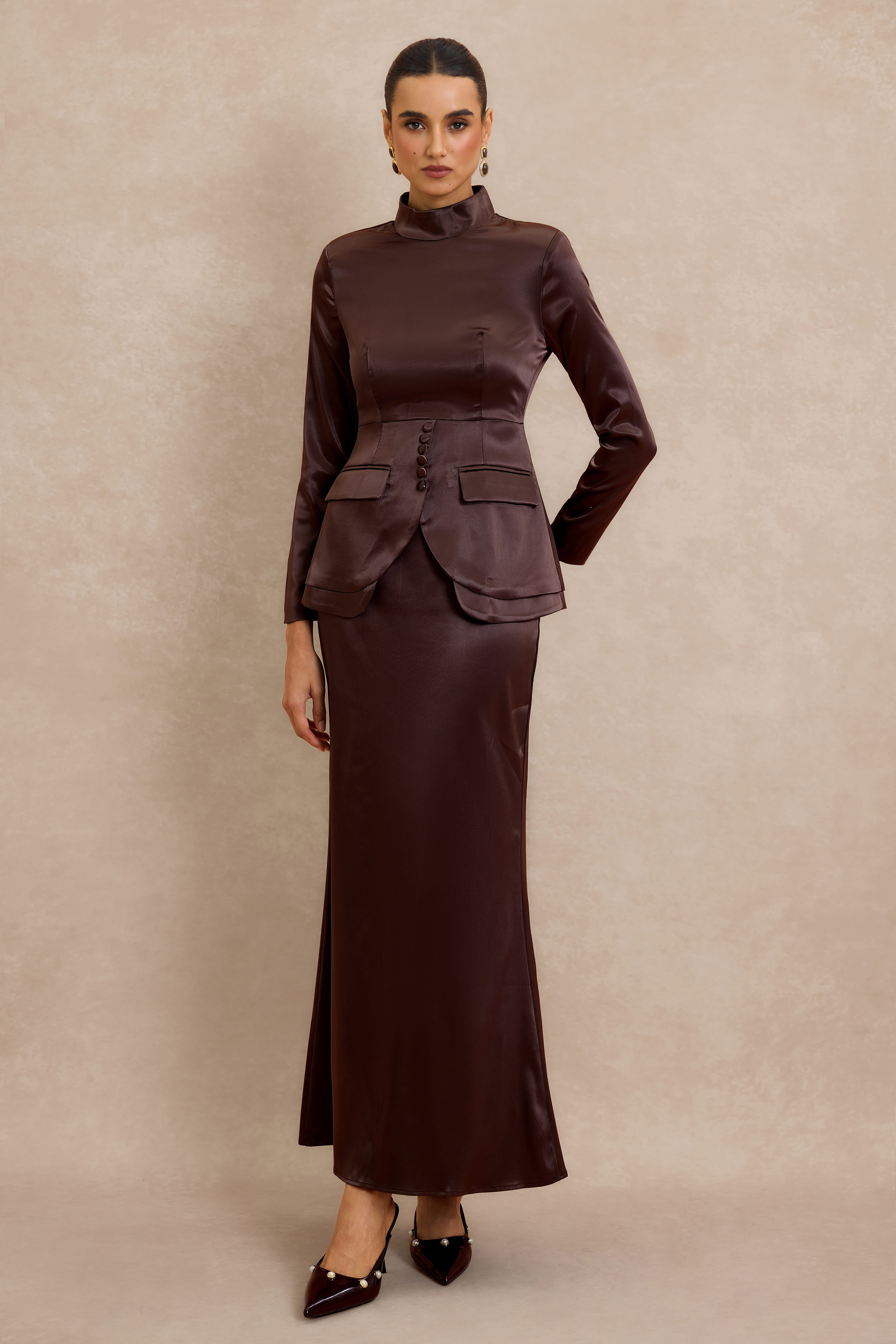 Satin Button Long Sleeve Top & High Waist Midi Skirt Set