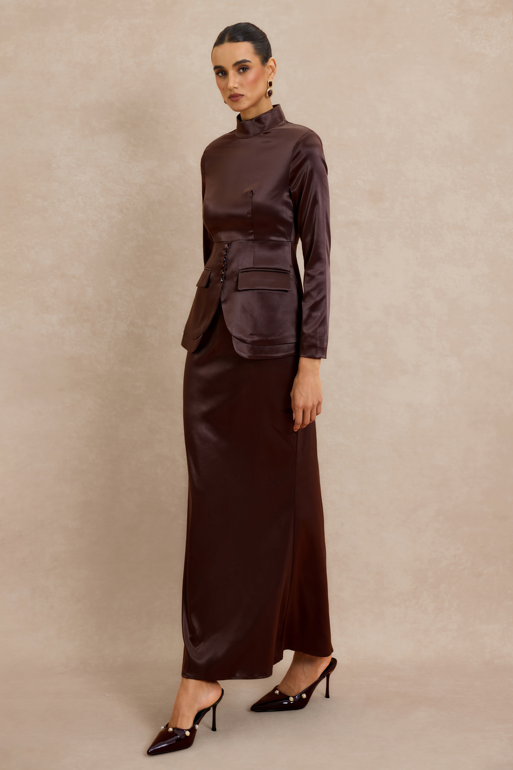 Satin Button Long Sleeve Top & High Waist Midi Skirt Set