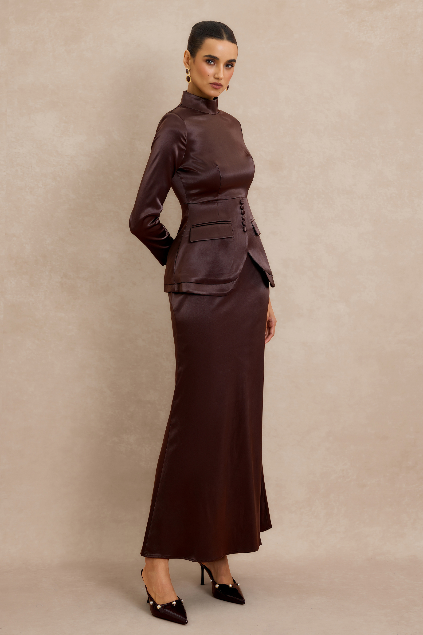 Satin Button Long Sleeve Top & High Waist Midi Skirt Set