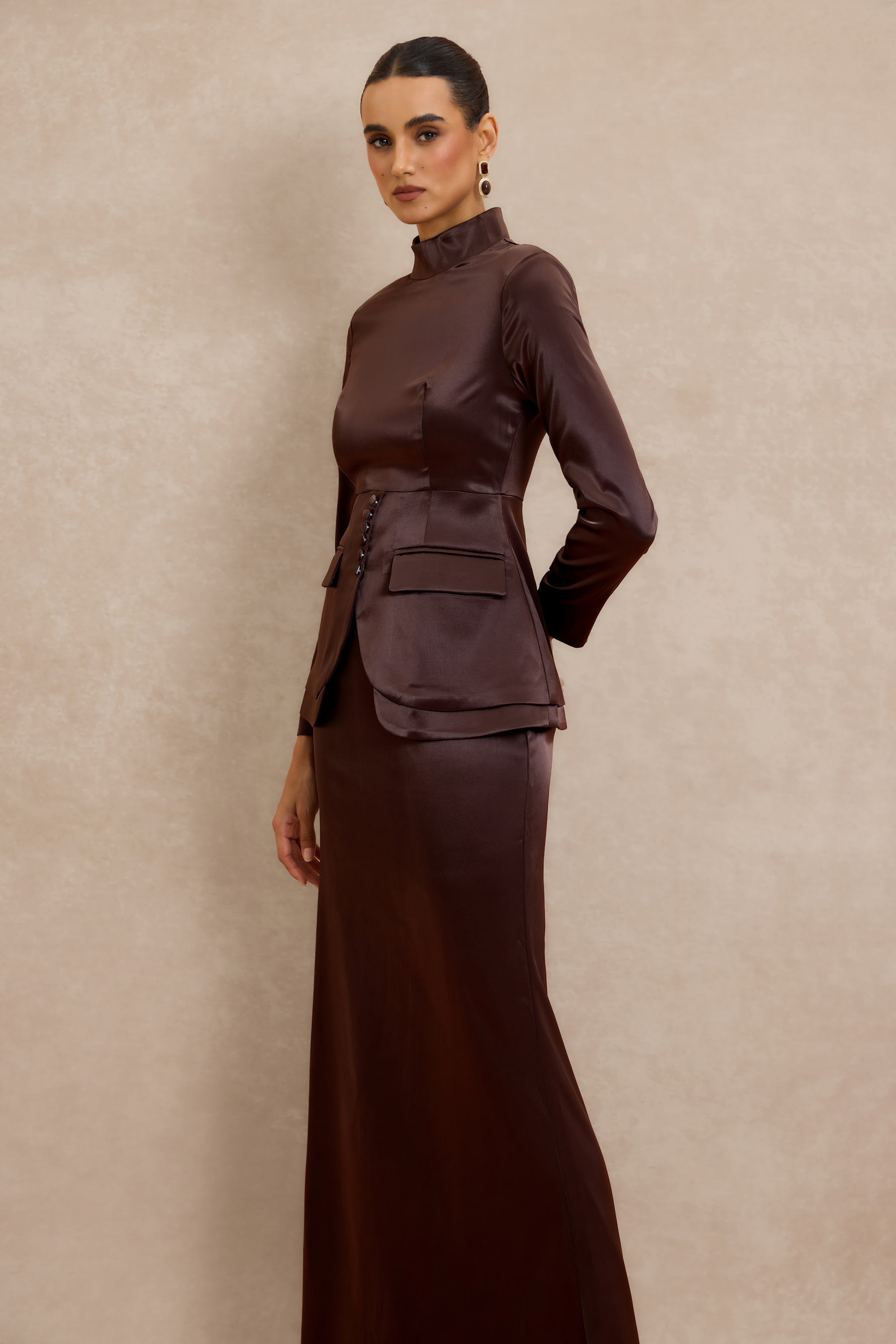 Satin Button Long Sleeve Top & High Waist Midi Skirt Set
