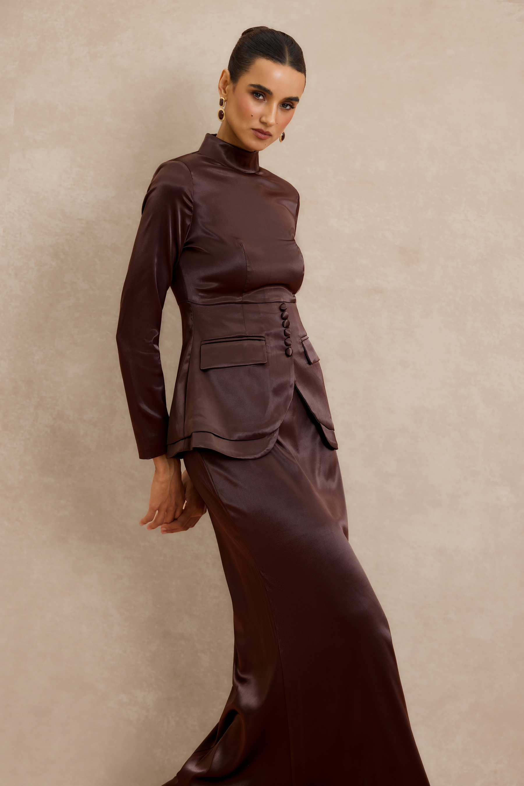 Satin Button Long Sleeve Top & High Waist Midi Skirt Set