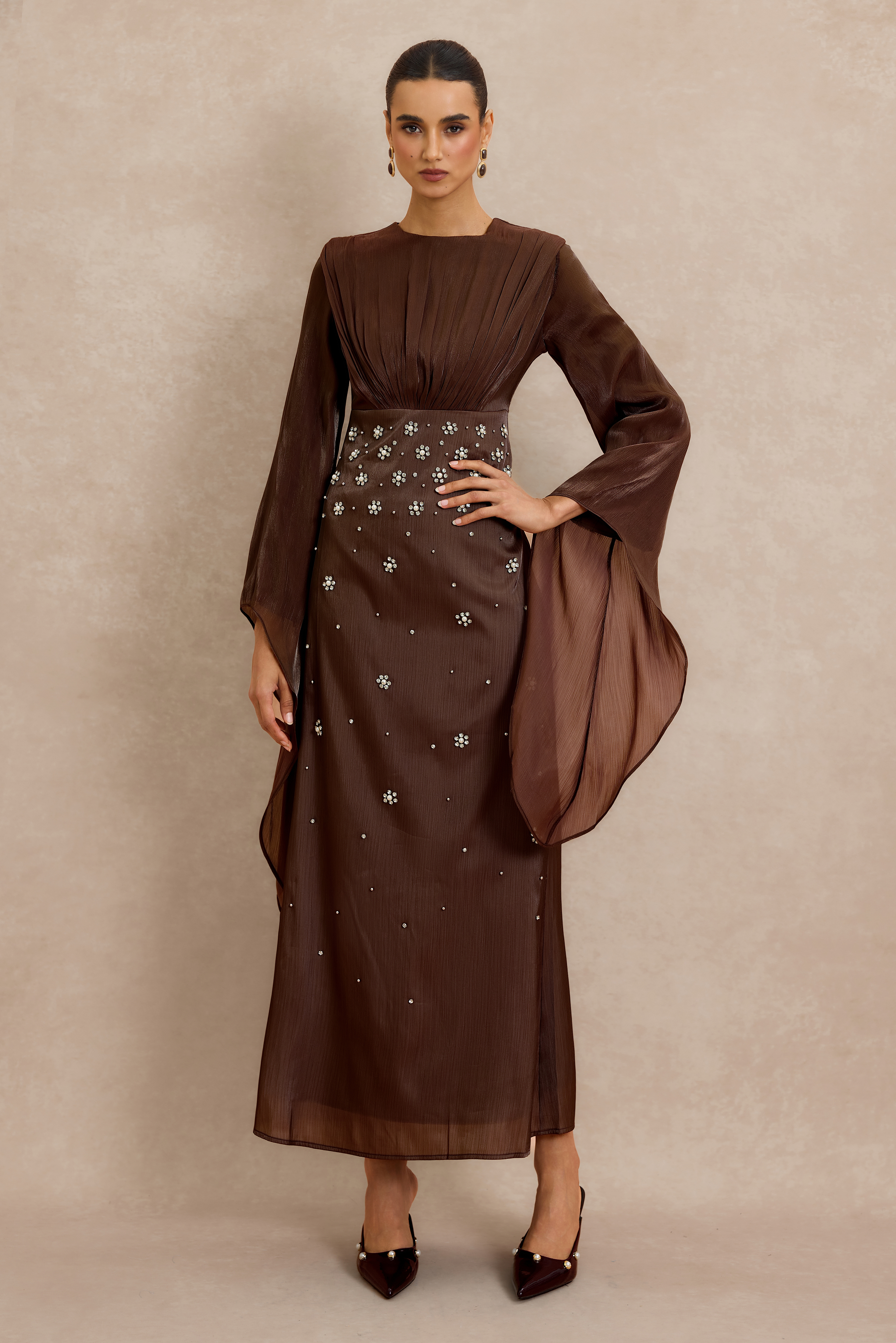 Rhinestone Rivets Gathering Bell Sleeve Midi Dress