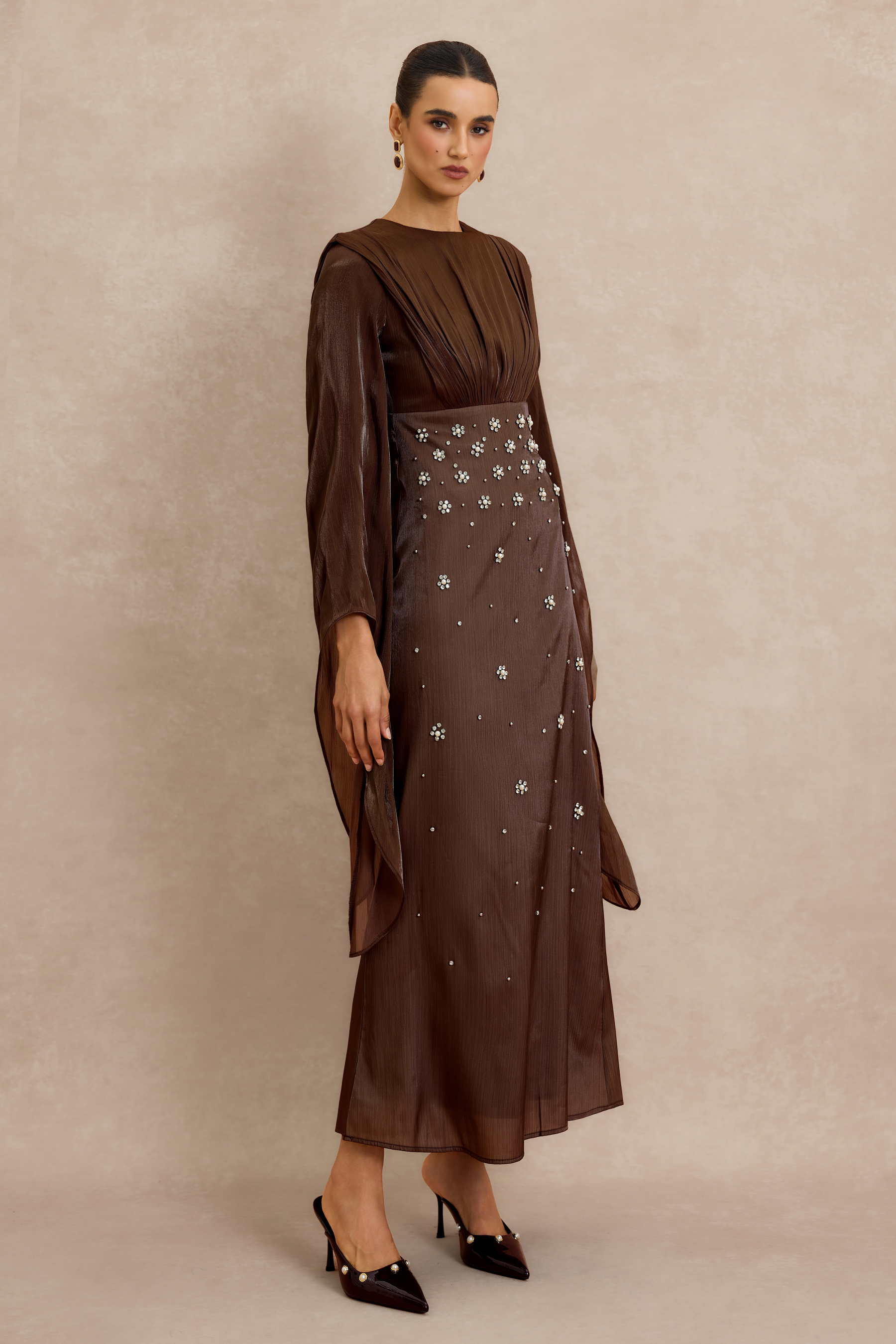 Rhinestone Rivets Gathering Bell Sleeve Midi Dress
