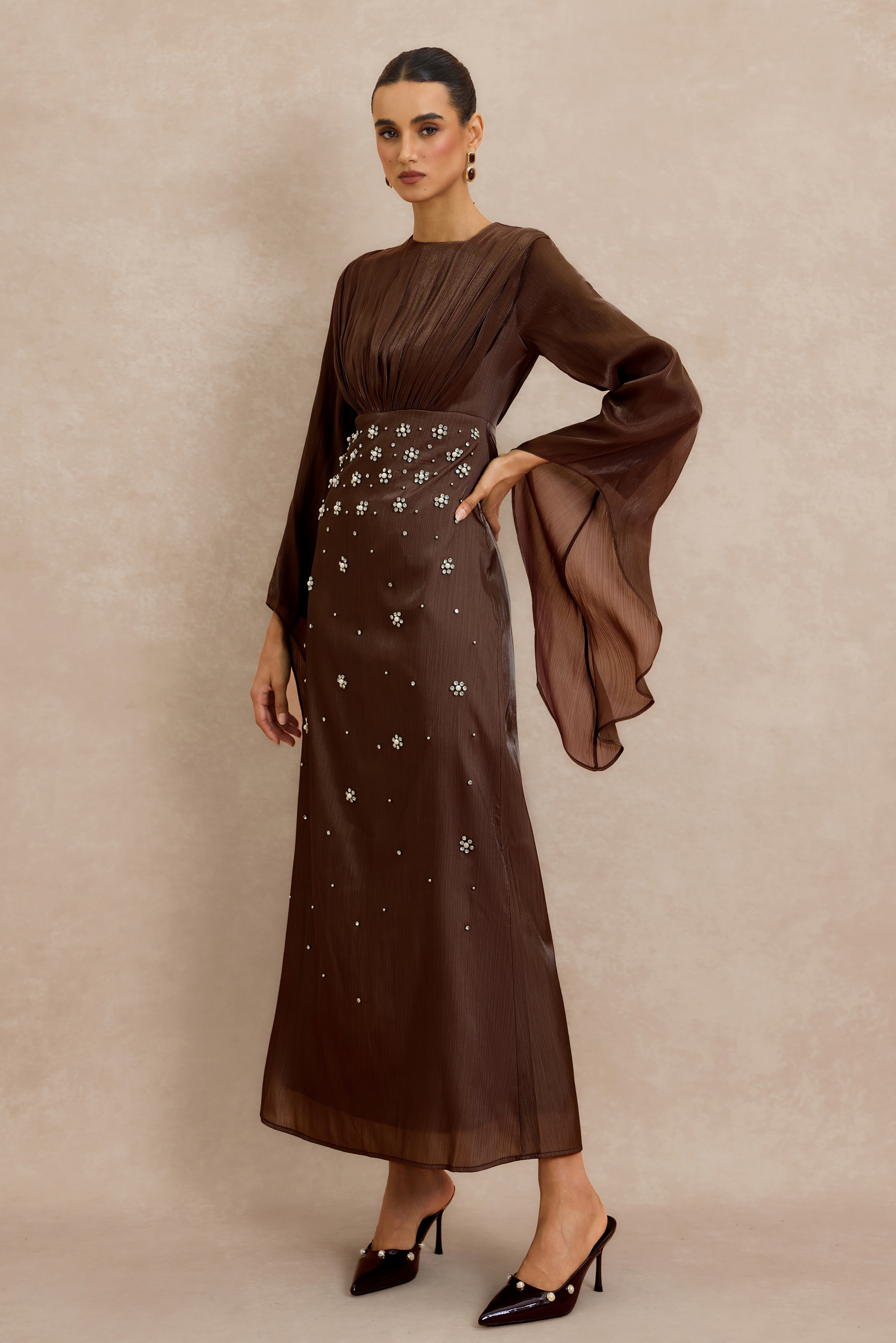 Rhinestone Rivets Gathering Bell Sleeve Midi Dress