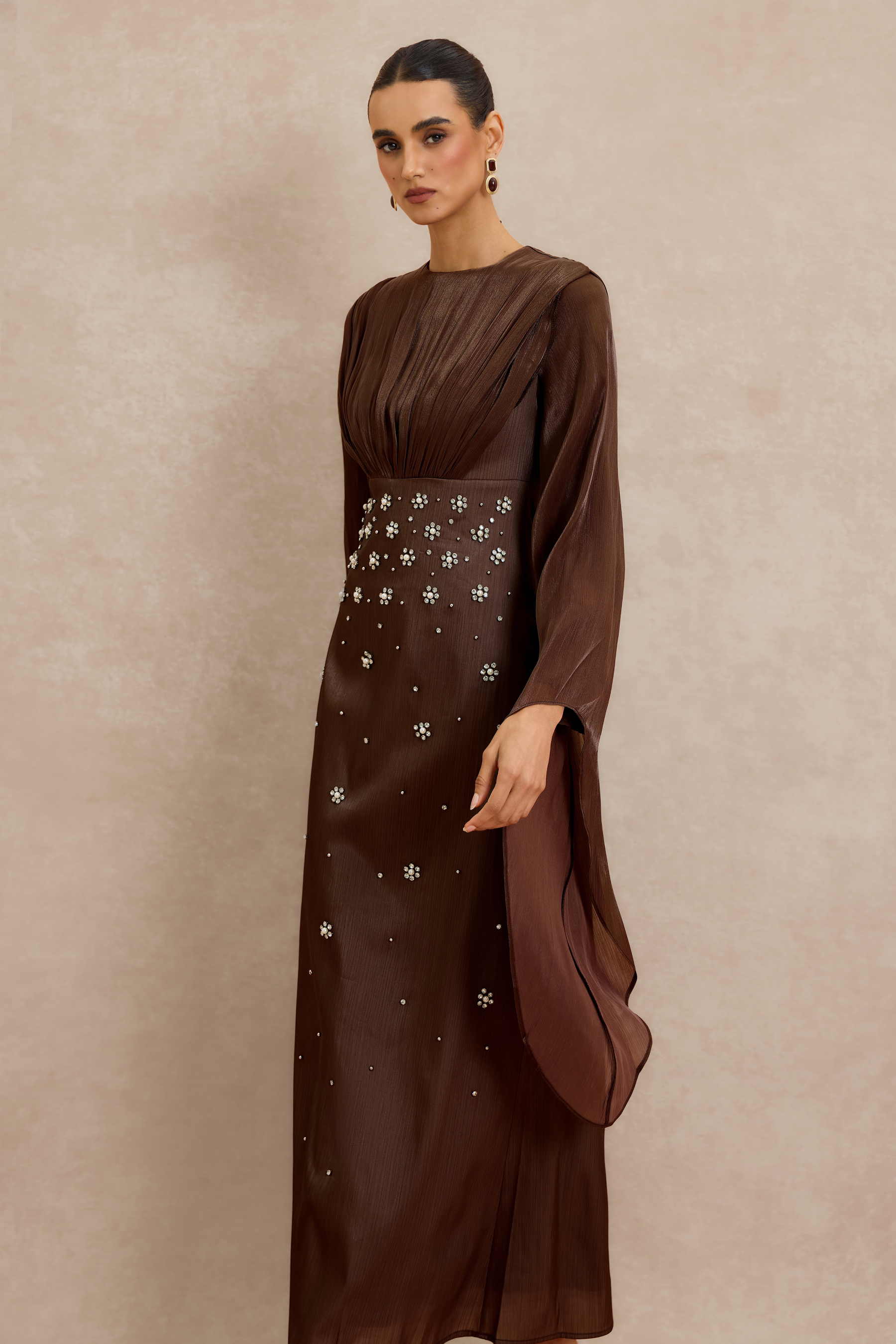 Rhinestone Rivets Gathering Bell Sleeve Midi Dress