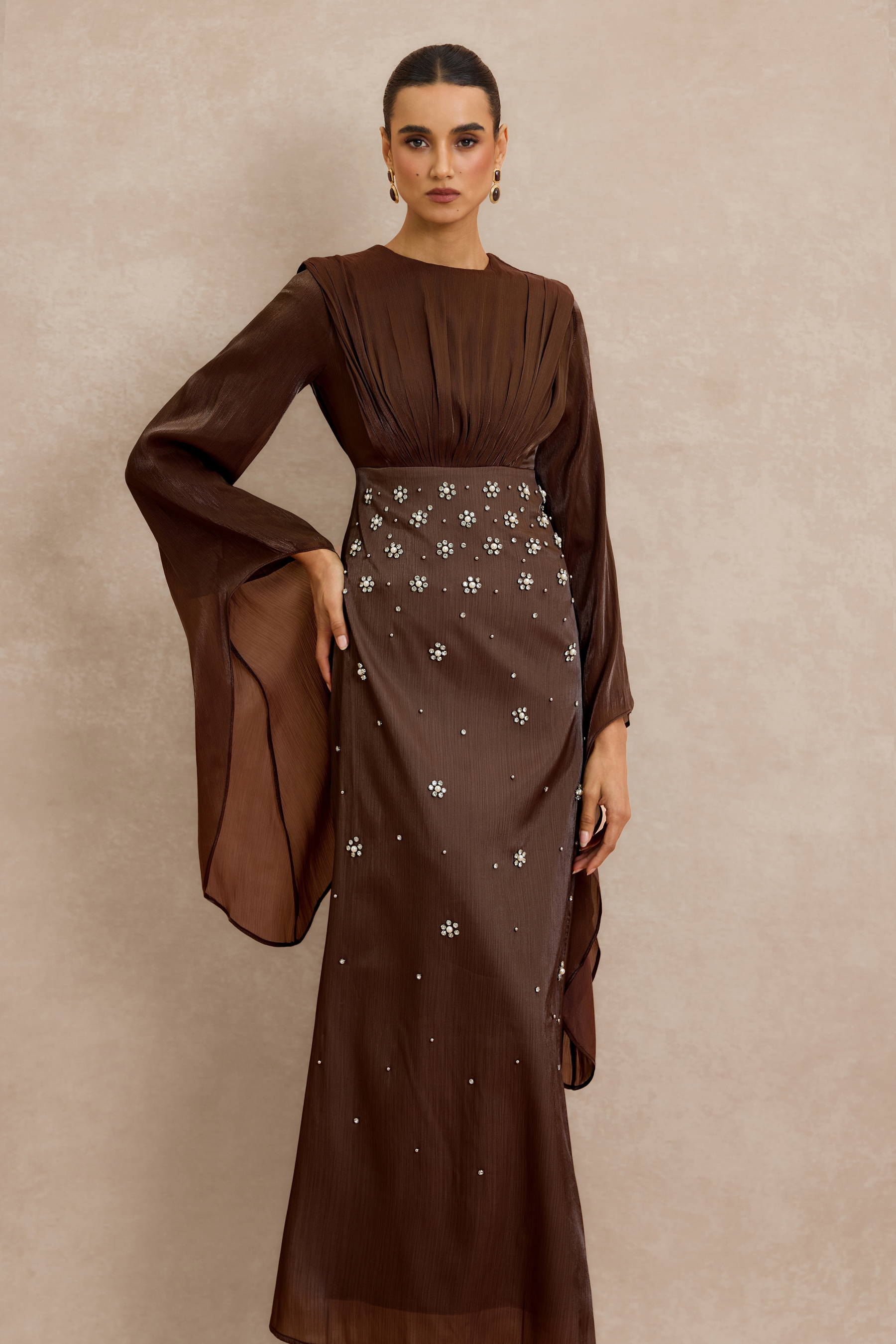 Rhinestone Rivets Gathering Bell Sleeve Midi Dress