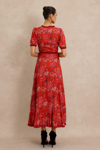 Floral Tassel Puff Sleeve Midi Wrap Dress