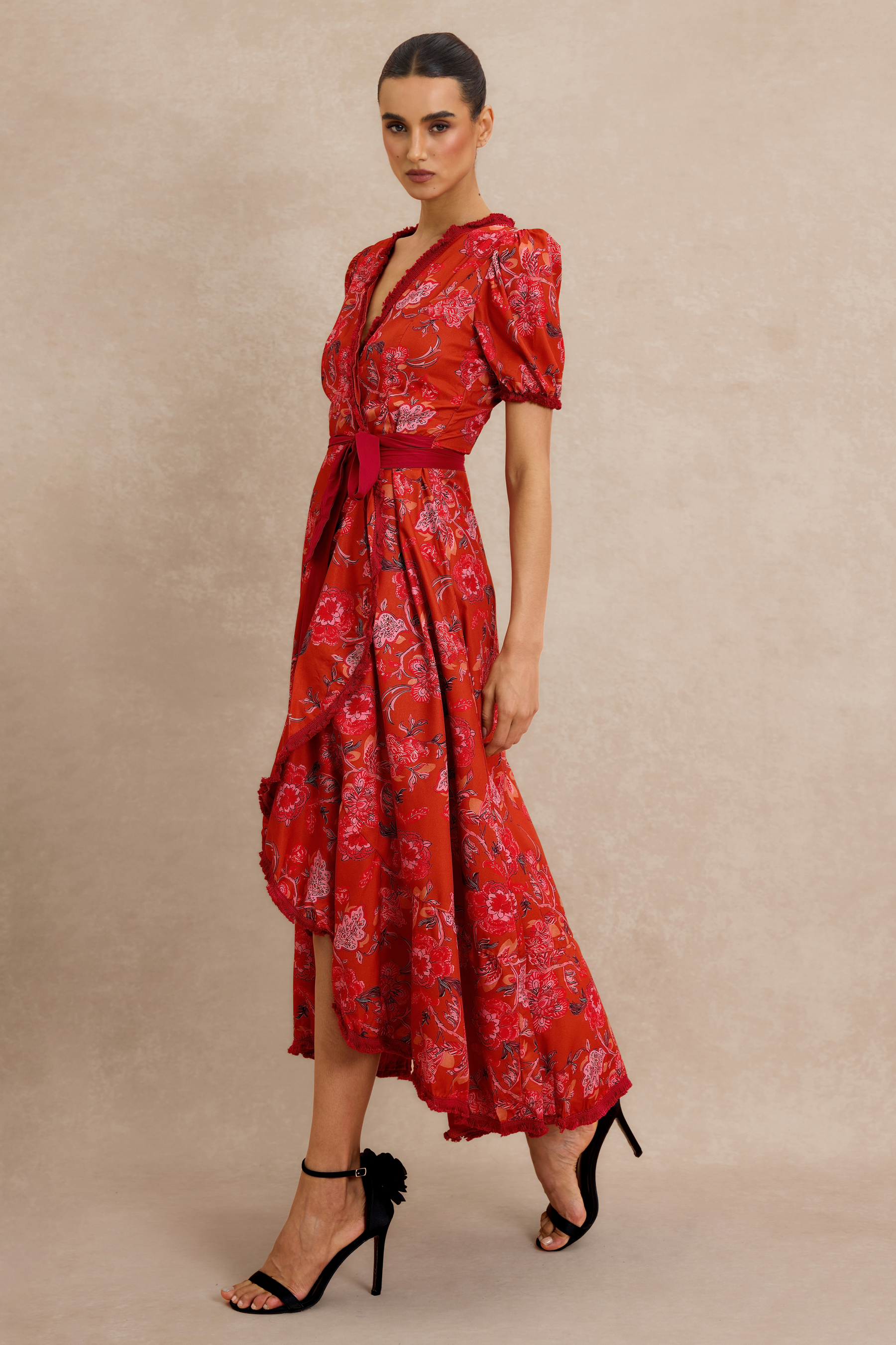 Floral Tassel Puff Sleeve Midi Wrap Dress