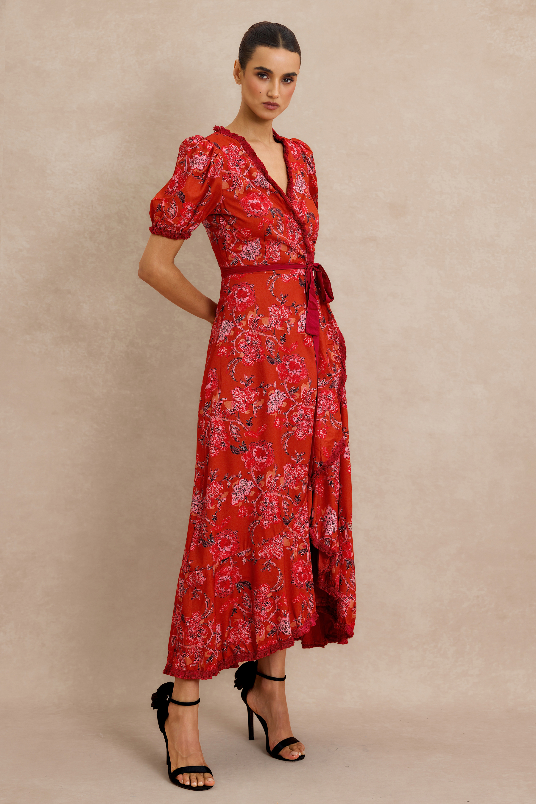 Floral Tassel Puff Sleeve Midi Wrap Dress