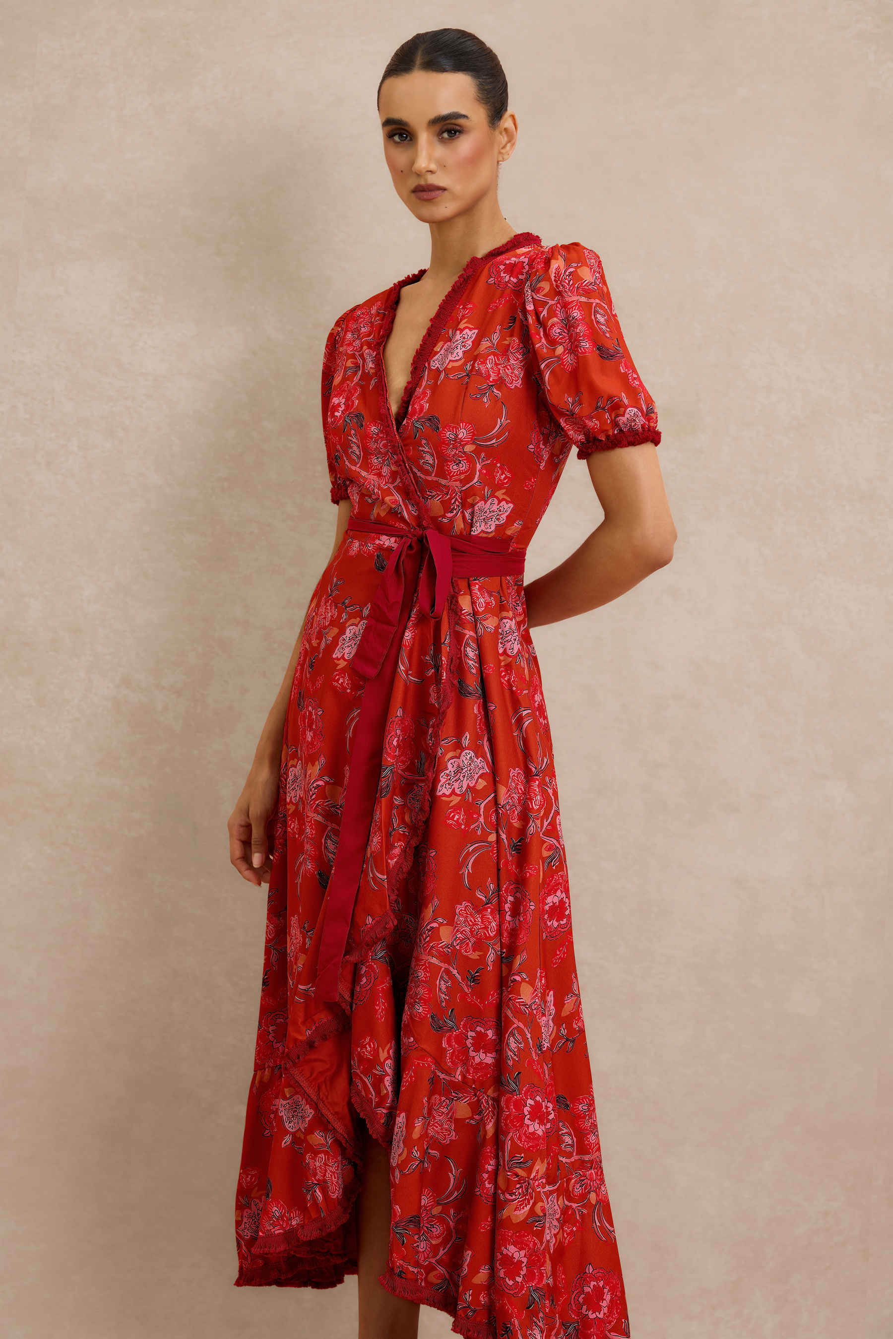 Floral Tassel Puff Sleeve Midi Wrap Dress