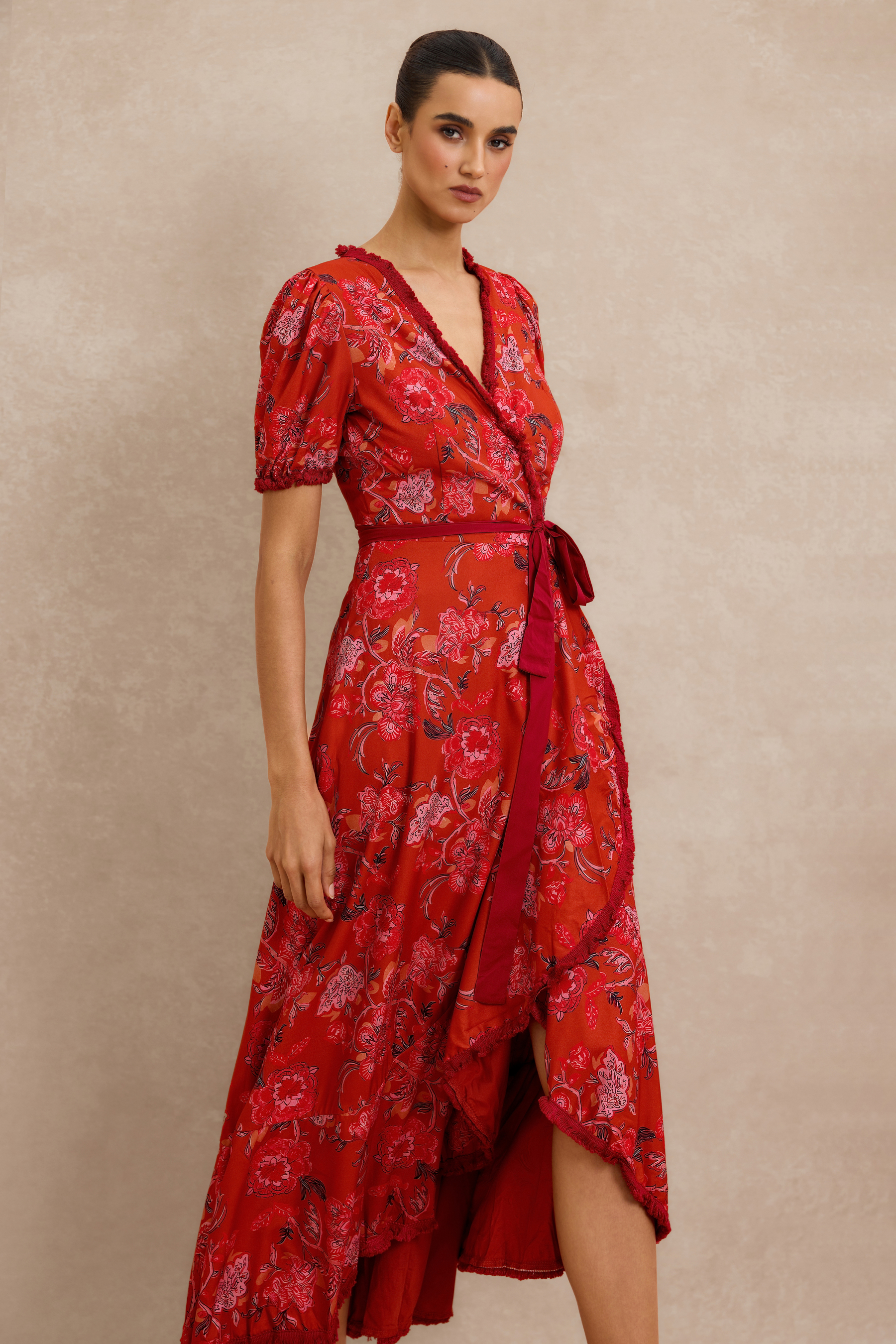 Floral Tassel Puff Sleeve Midi Wrap Dress