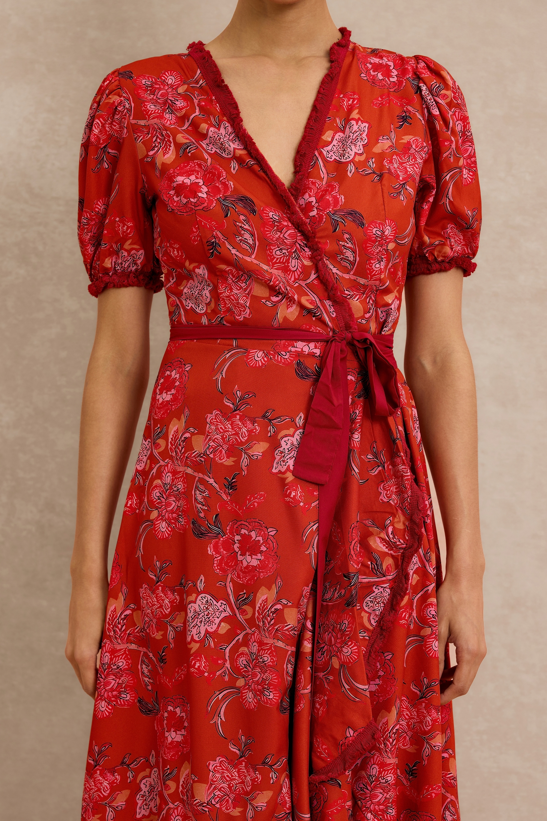 Floral Tassel Puff Sleeve Midi Wrap Dress