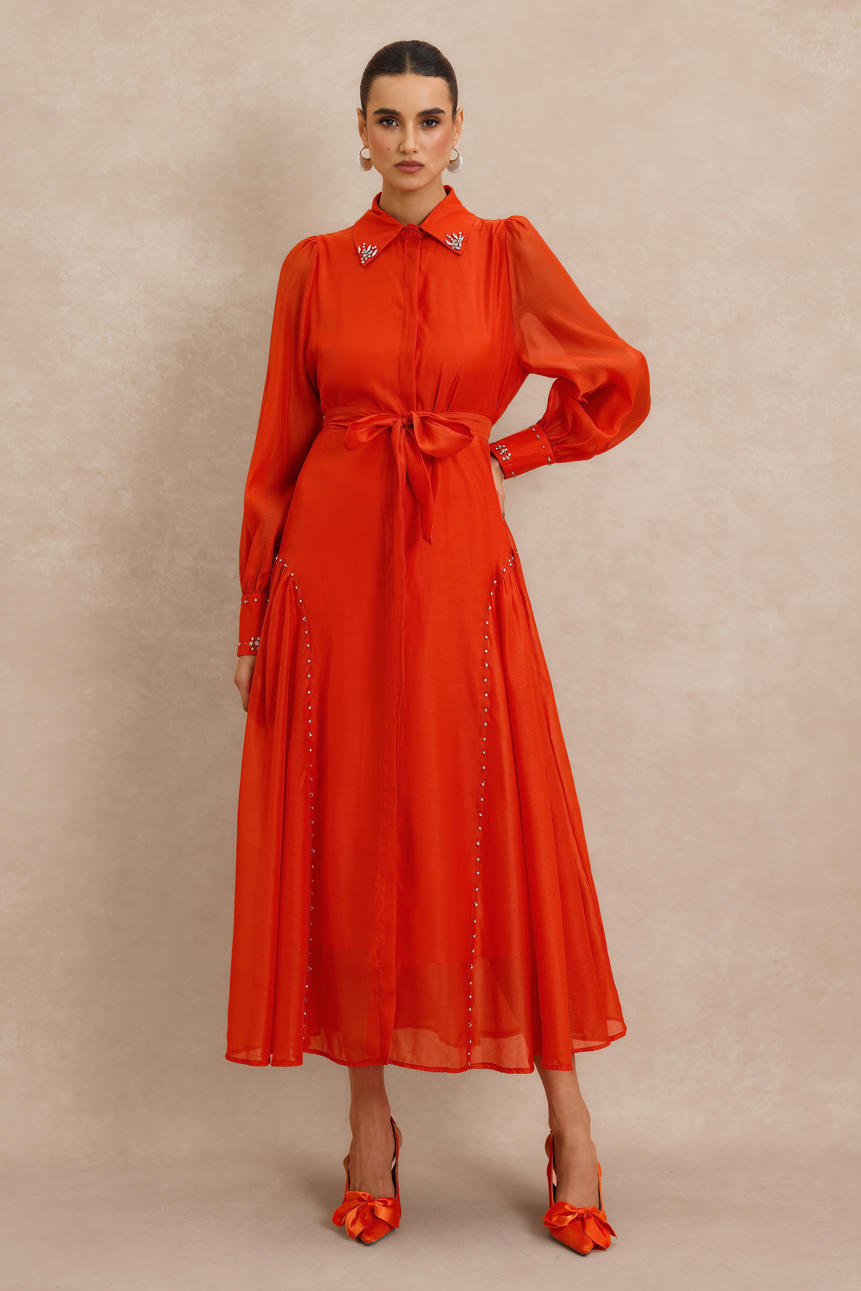 Rhinestone Embellished Long Sleeve Midi Dress