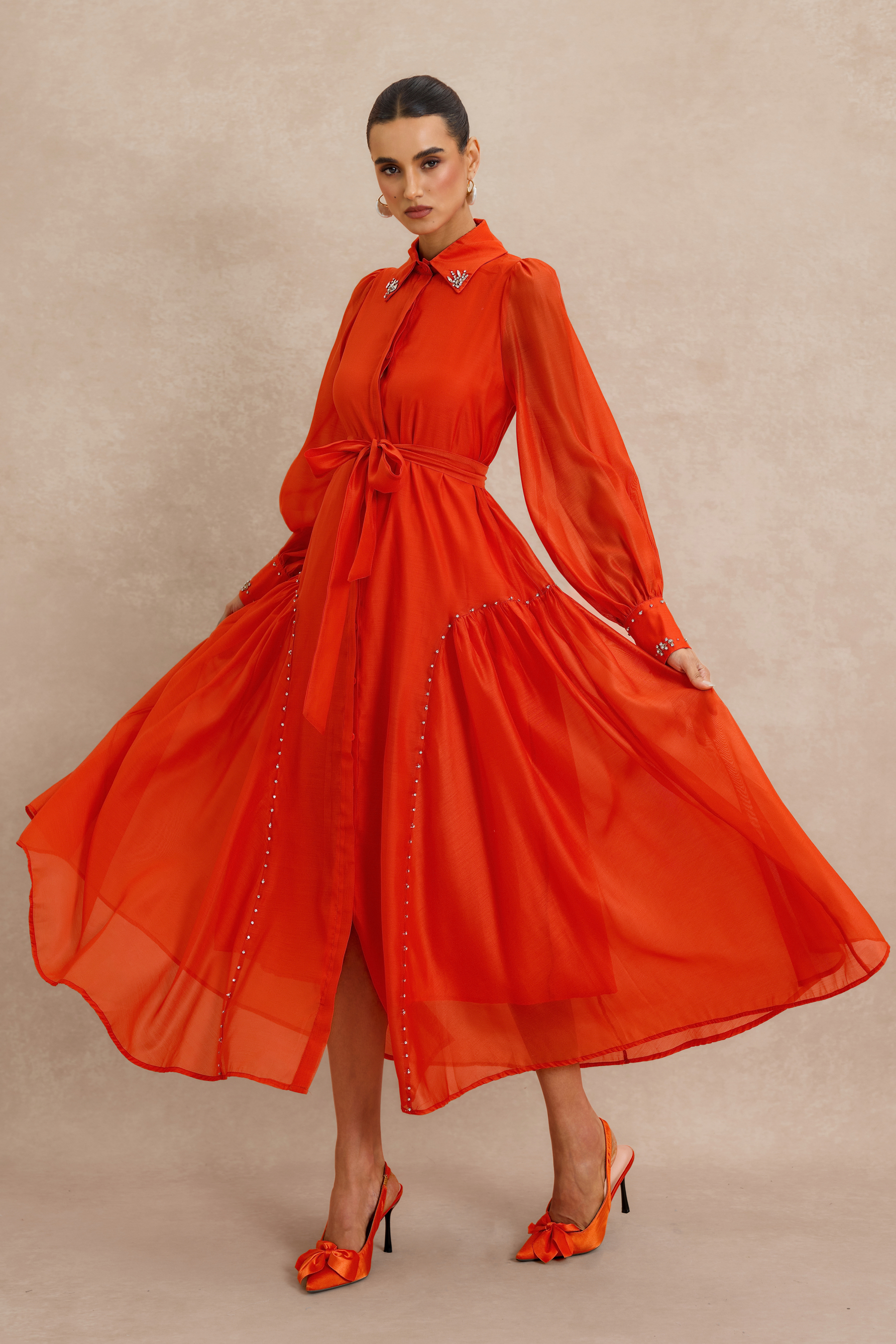 Rhinestone Embellished Long Sleeve Midi Dress