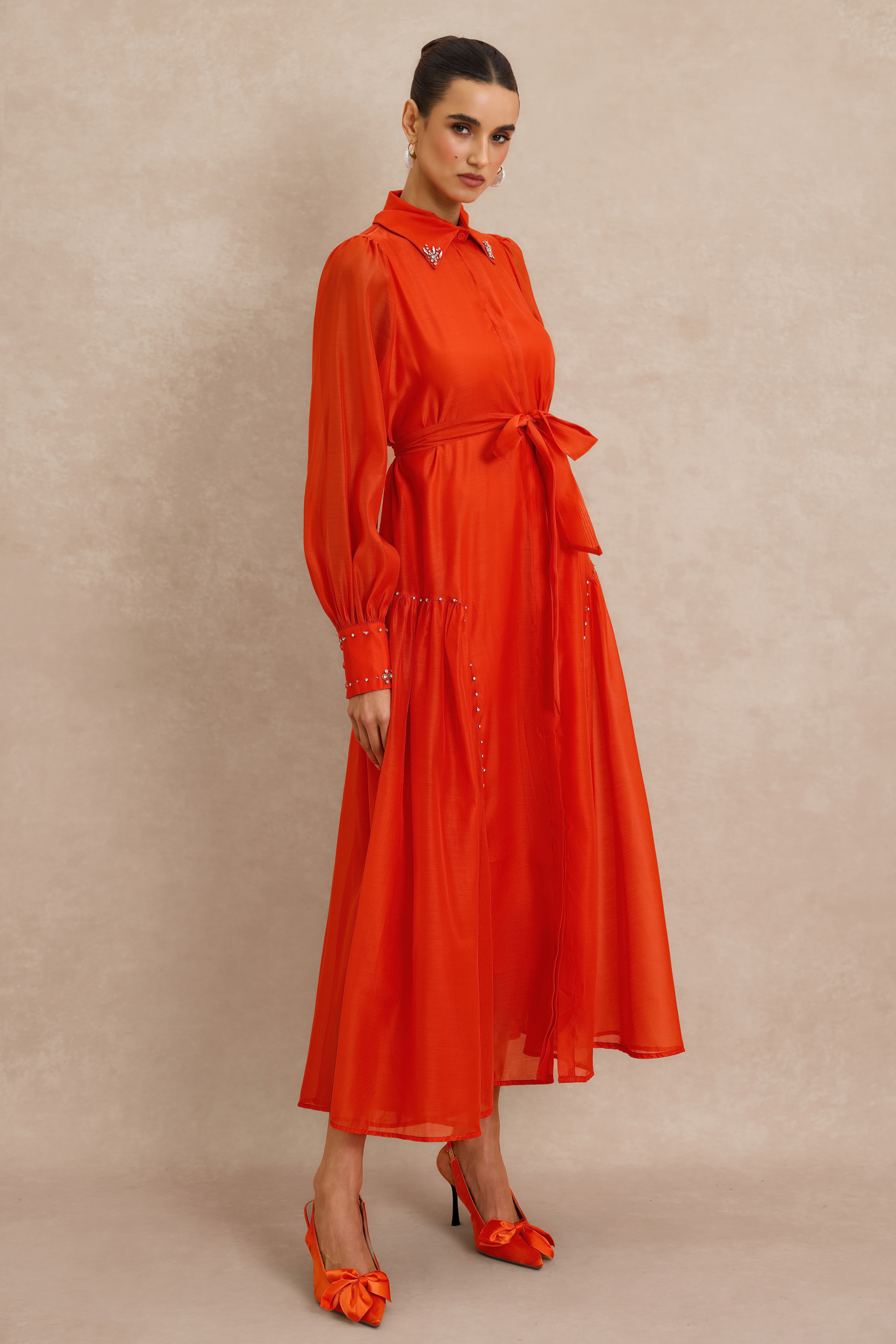Rhinestone Embellished Long Sleeve Midi Dress