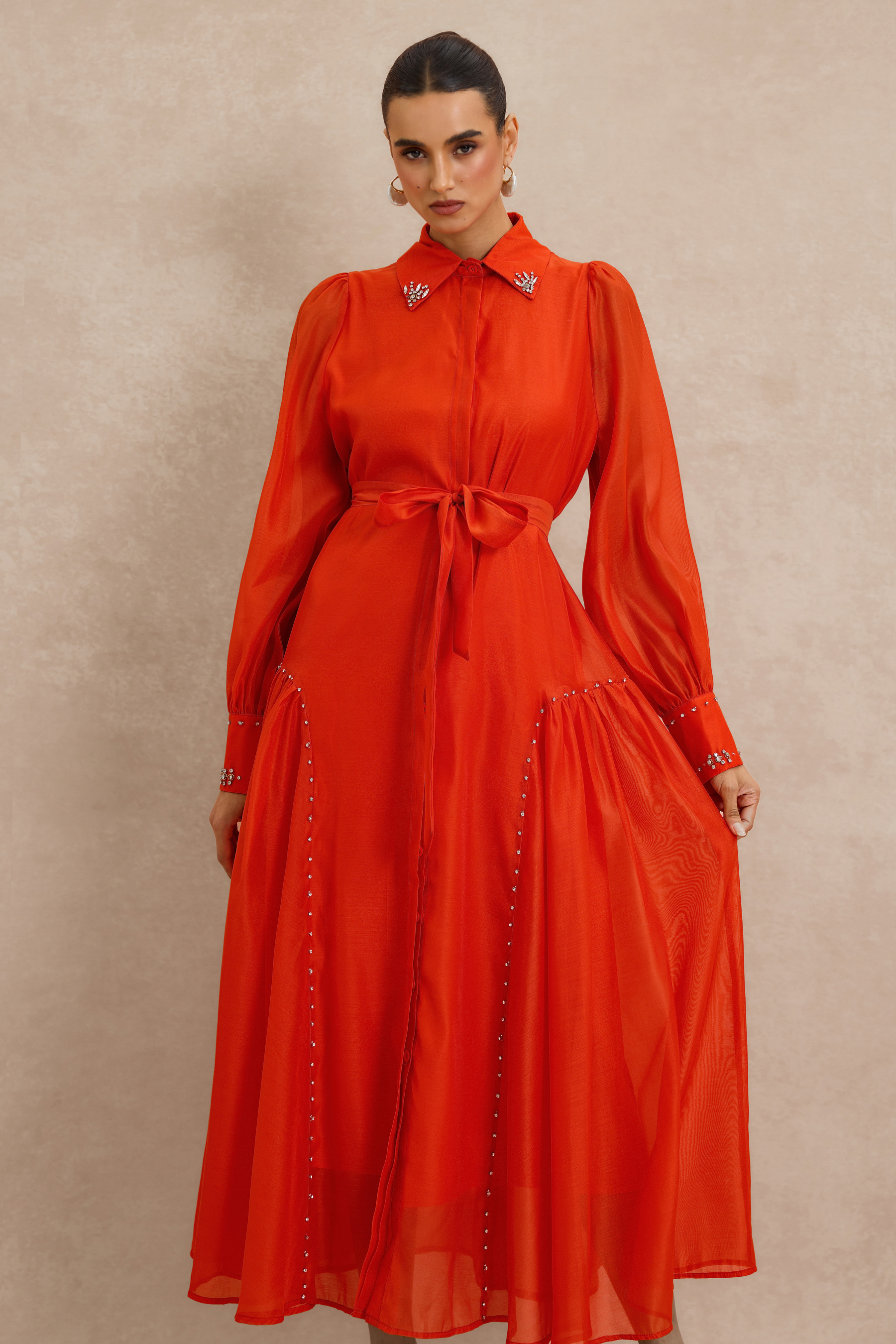 Rhinestone Embellished Long Sleeve Midi Dress