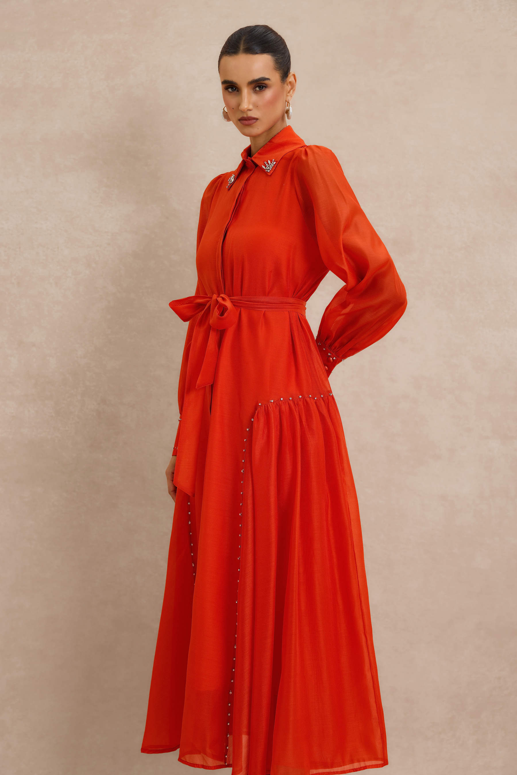 Rhinestone Embellished Long Sleeve Midi Dress