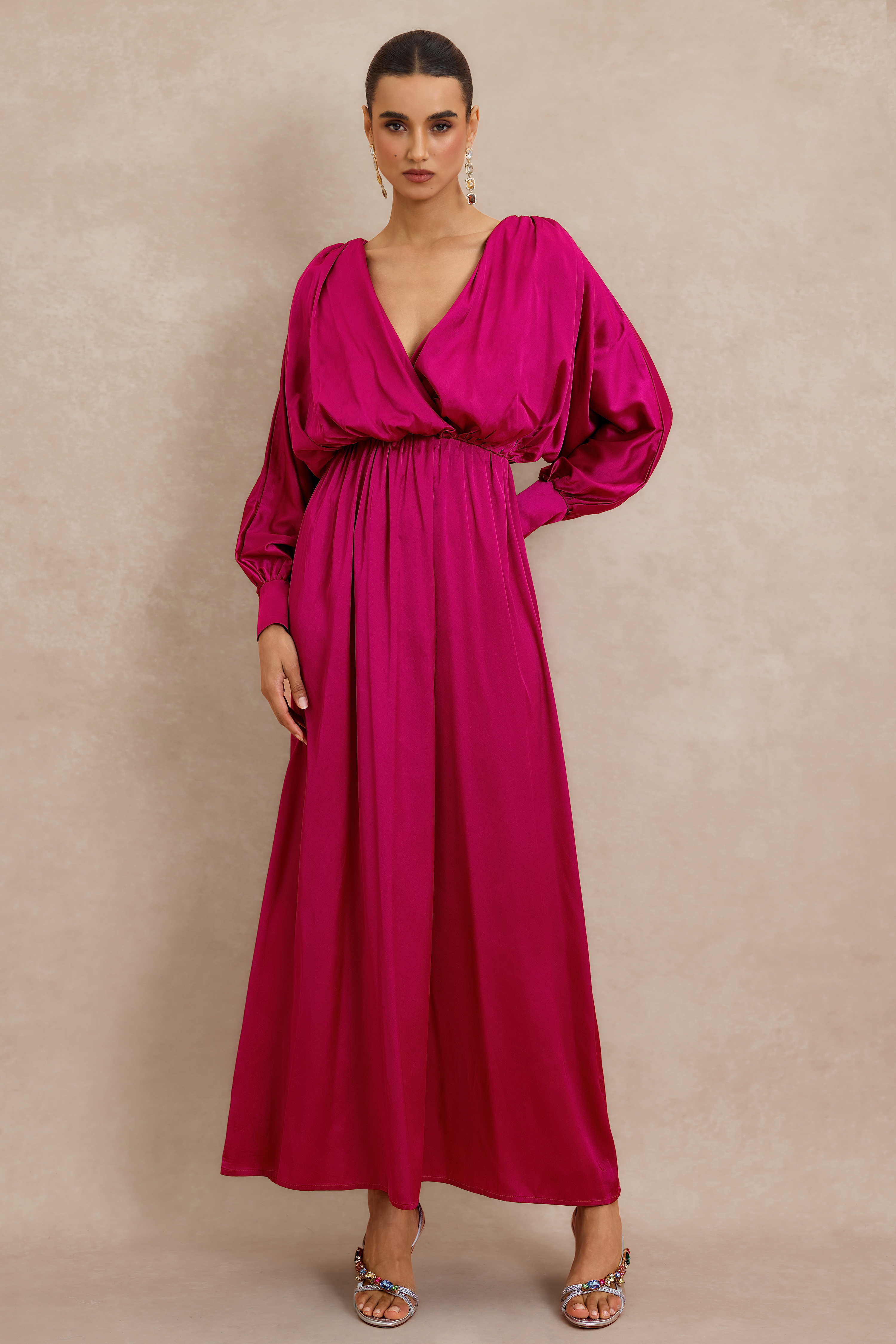 Wrap Front Balloon Sleeve V Neck Gatnering Midi Dress