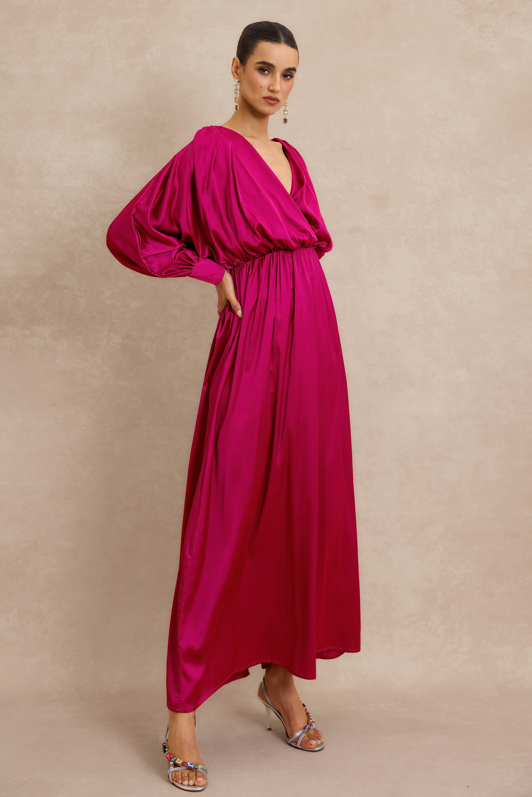 Wrap Front Balloon Sleeve V Neck Gatnering Midi Dress